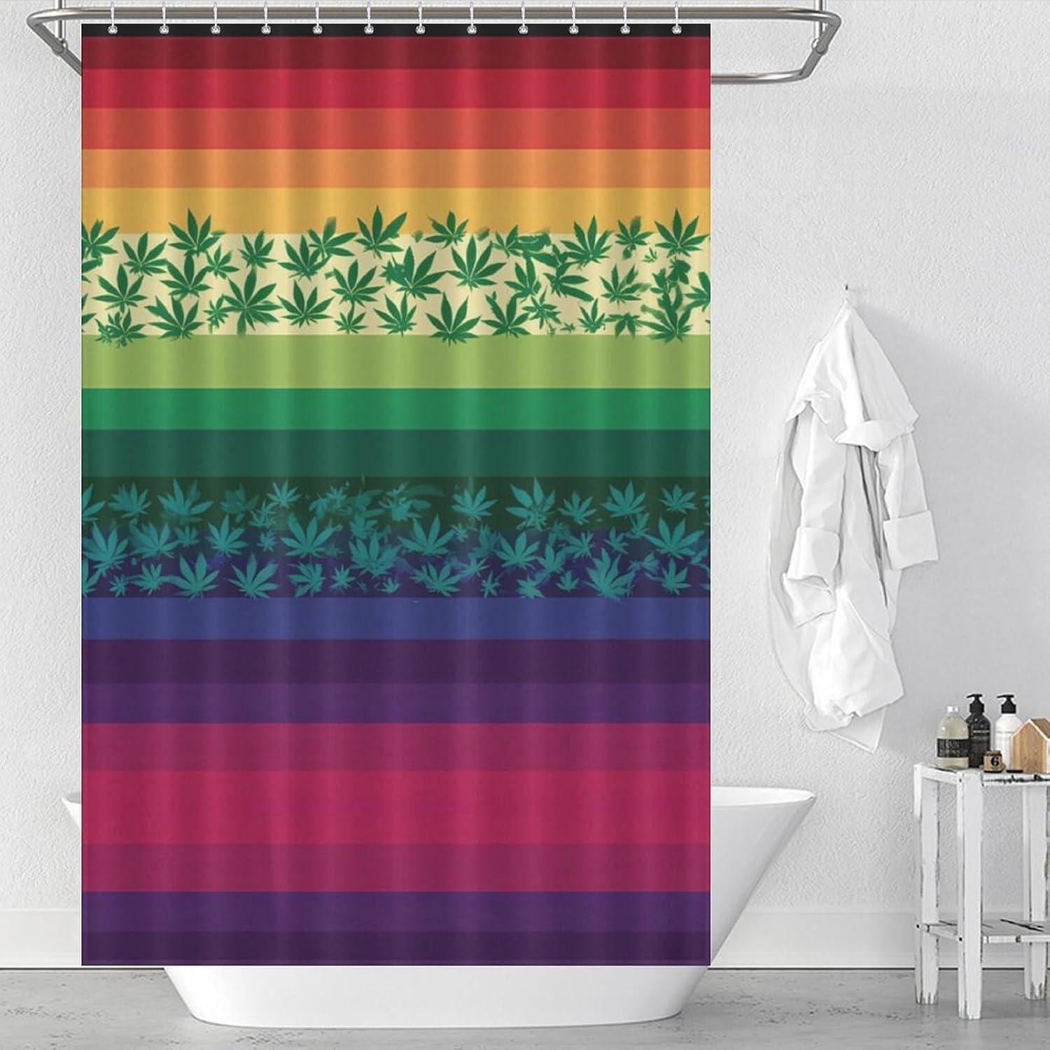 US Flag Weed Leaf Rainbow Shower Curtain 46.85x70.87Inch（119x180cm） Polyester Bath Curtain Shower Curtains Printed Decorative
