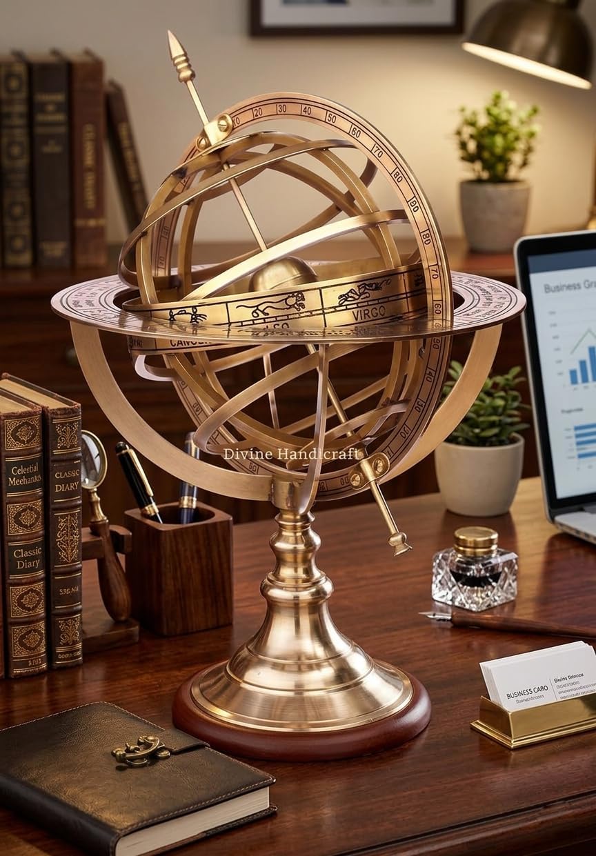 New Astrolabe, Zodiac, Engraved, Celestial, 11'' Height Brass Armillary Sphere Globe,Finish (Brass Shine) Golden
