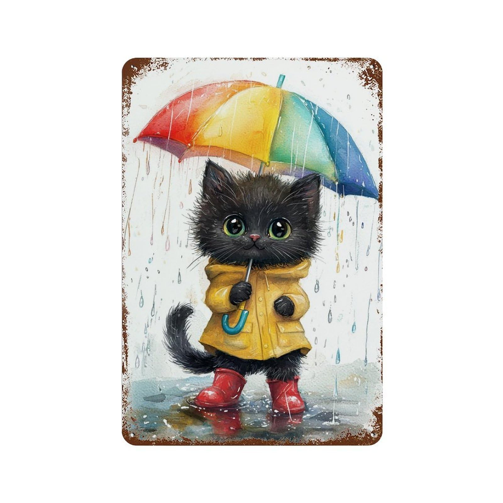 Rust Effect Rainy Day Kitten with Umbrella-1 Weathered Tin Sign 11.8"x7.9", Farmhouse Wall Decor for Farmhouse, Kitchen And Entryway Decor
