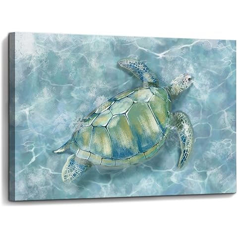 YJYart Bathroom Wall Decor Sea Turtle HD Pictures Print on Canvas Wall Art for Bedroom Kitchen Blue Coastal Room Decorations Art Work Green Turtle on Blue 12x16 inches