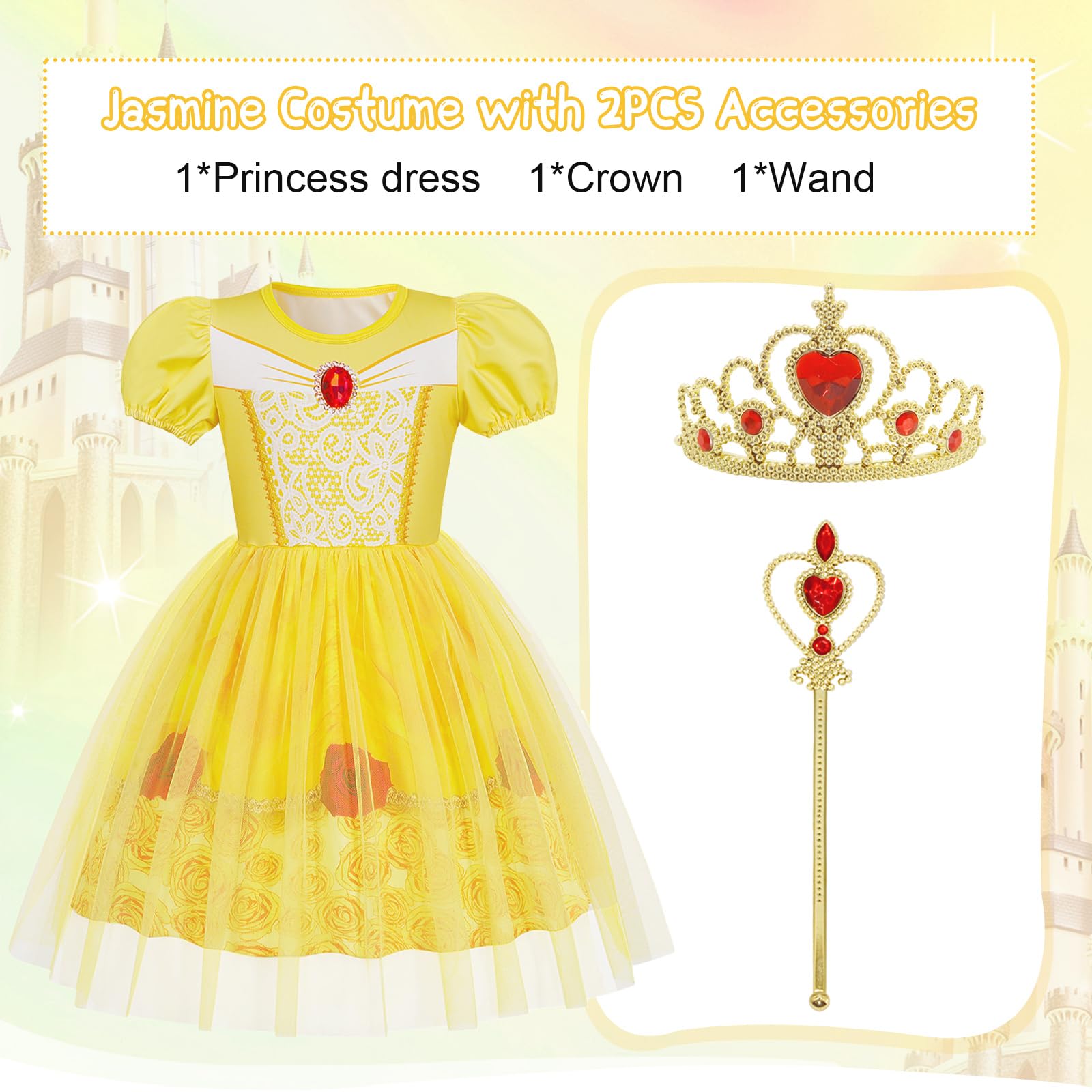 Berich Yellow Dress up with Crown Princess Costumes for Girls Fancy Dress Halloween Outfits Christmas Gifts World Book Day Costumes for Girls Princess Costume 2-3 Years(Golden,100) - Image 3
