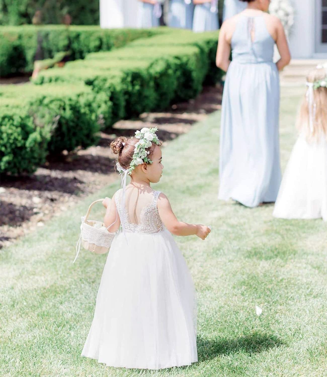 Vestido de fiesta para niñas de encaje con espalda en V, sin mangas, mullido, tul, vestido de fiesta de princesa, vestido de fiesta de flores