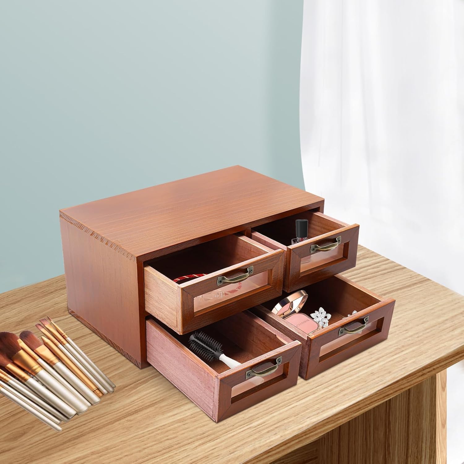Organizzatore da Scrivania Multilivello in bambù con 16 Cassetti Trasparenti - Mobiletto in Legno per Ufficio E Casa - Elegante Mobiletto da Tavolo in Stile Farmacia per Brown 4 Drawer