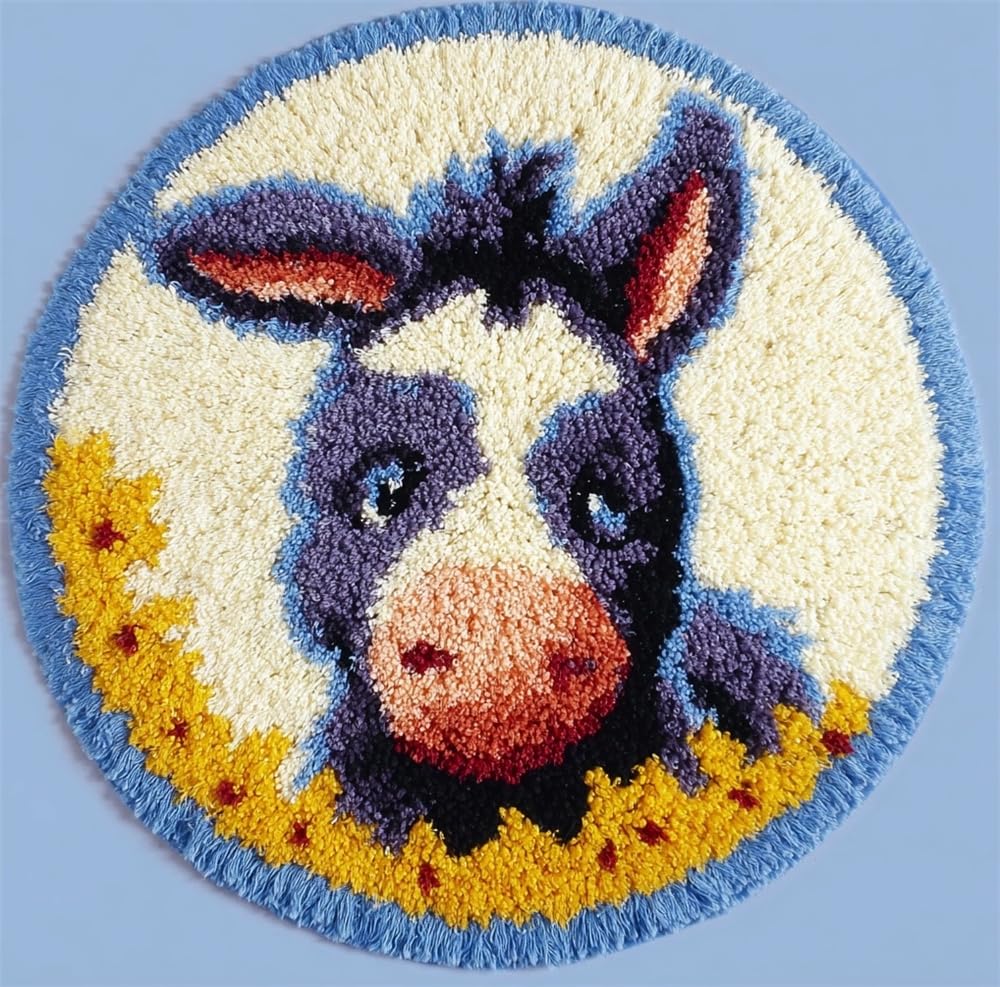 kitphoenix Rug Making Kit for Adults Cute Donkey 20X20Inch (50X50Cm) DIY Craft Latch Hook Rug Kit Set Tapestry Cushion Patterns Printed Mesh Mat Canvas Wool Yarn