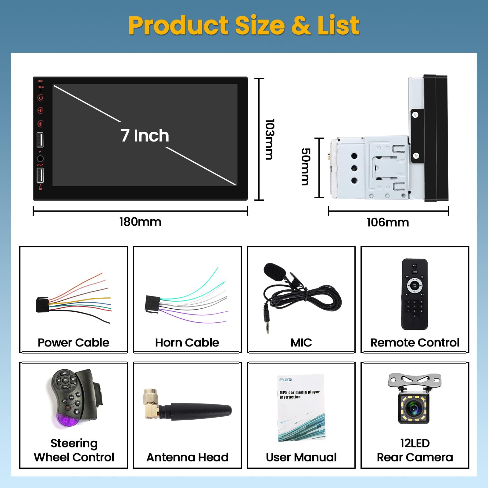 Hikity 1 DIN Autoradio sans Fil CarPlay Android Auto avec 7" Écran Tactile Poste Radio Voiture Bluetooth Lien Miroir pour iOS/Android FM Radio EQ AUX/2USB + Caméra de recul