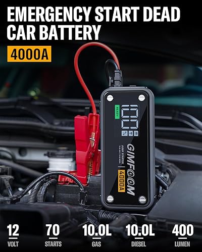 Miniatura 2 de Arrancador de salto, batería de arranque de 4000 A con cargador de pared (motores de gas de 10 L y diésel de 10 L), batería de 12 V para automóvil