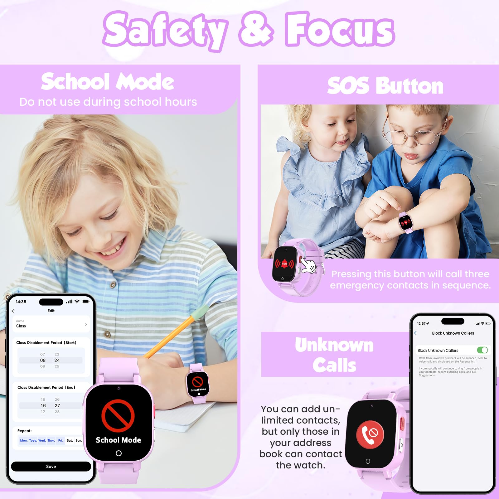 Montre Connectée Enfants GPS, 4G Smartwatch Téléphone pour Filles et Garçons avec Appel, Vidéo, SOS, Chat, Mode Classe Podomètre, Jeux, Réveil, Montre Intelligente Enfant 4 à 12 Cadeau (Violet)