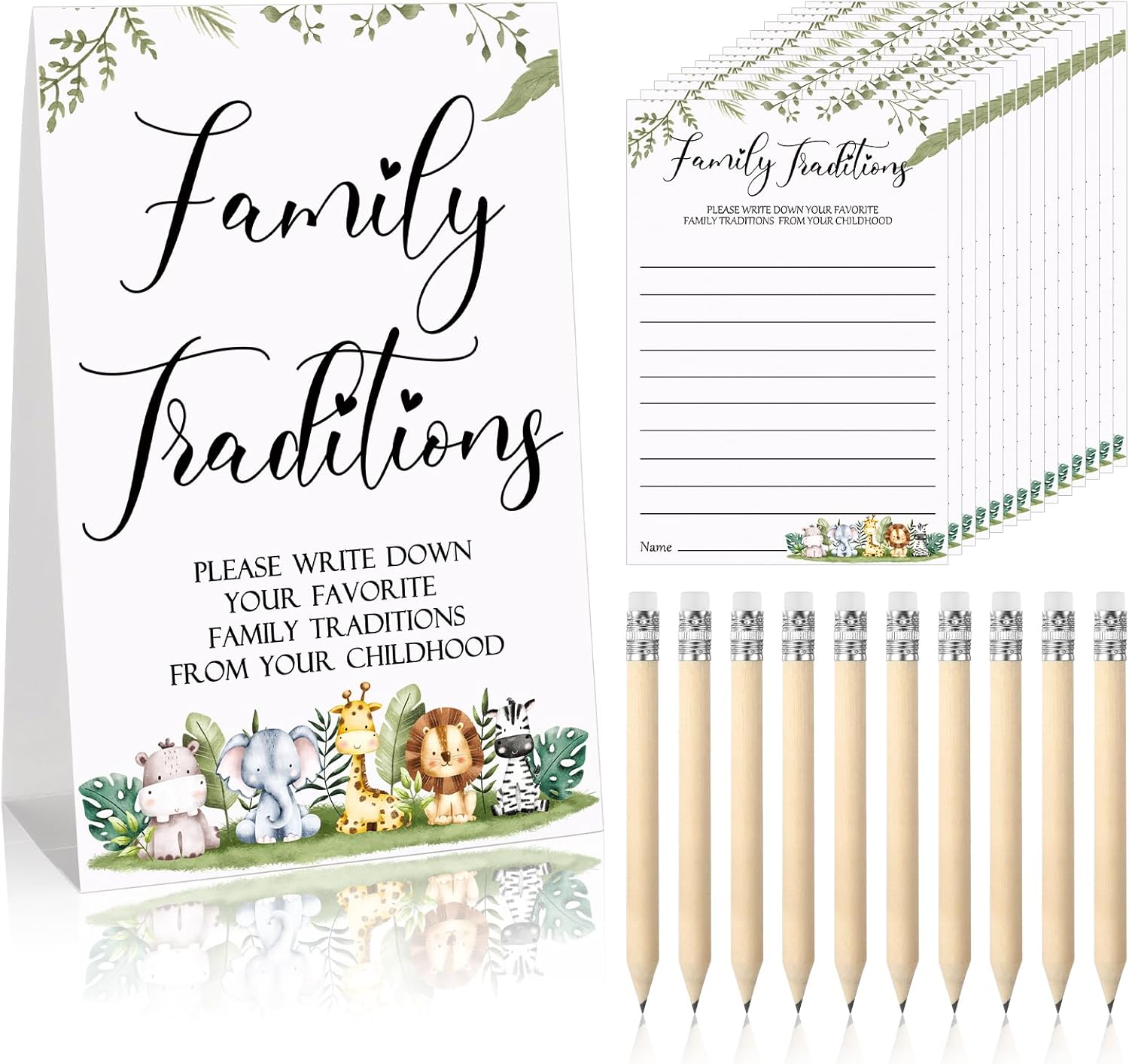 Fumete 61 Pieces Babyshower Games Include 1 Family Traditions Standing Sign and 50 Family Traditions Activities Cards with 10 Pencils(Forest Animals)