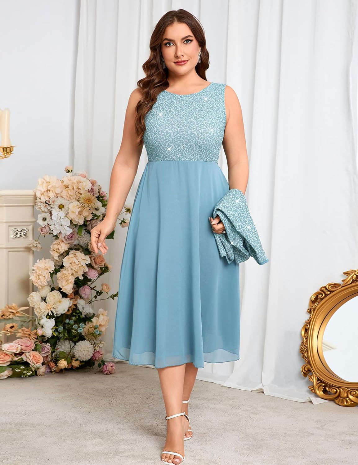 ZOMVA Plus Size Sparkly Mother of The Bride Dresses with Jacket 2 Piece Chiffon A-Line Dress Wedding Guest Formal - Image 3