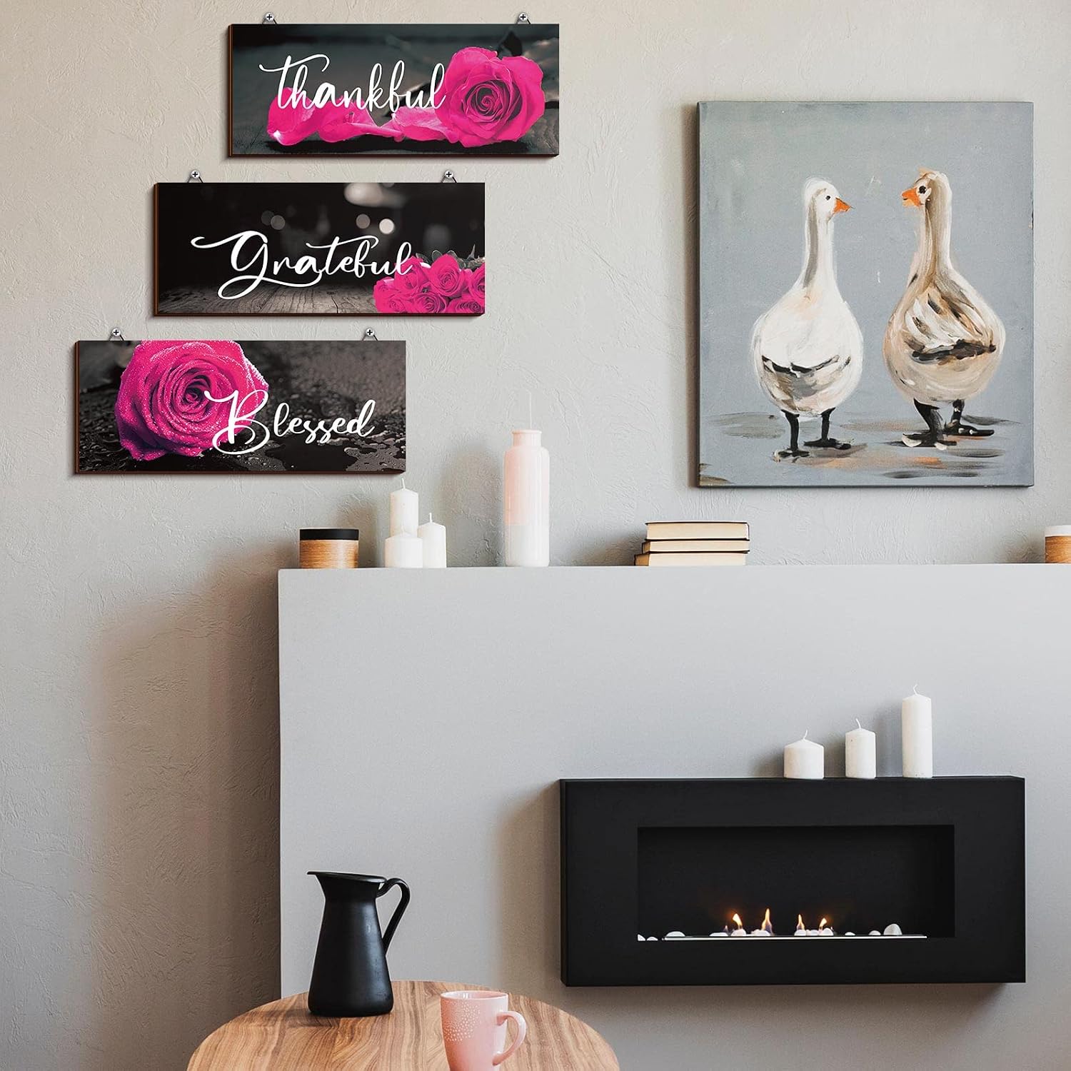 Hillban 3 Pcs Bathroom Wall Decor Rose Wooden Art, 10 x 4 Inch, Dark Pink