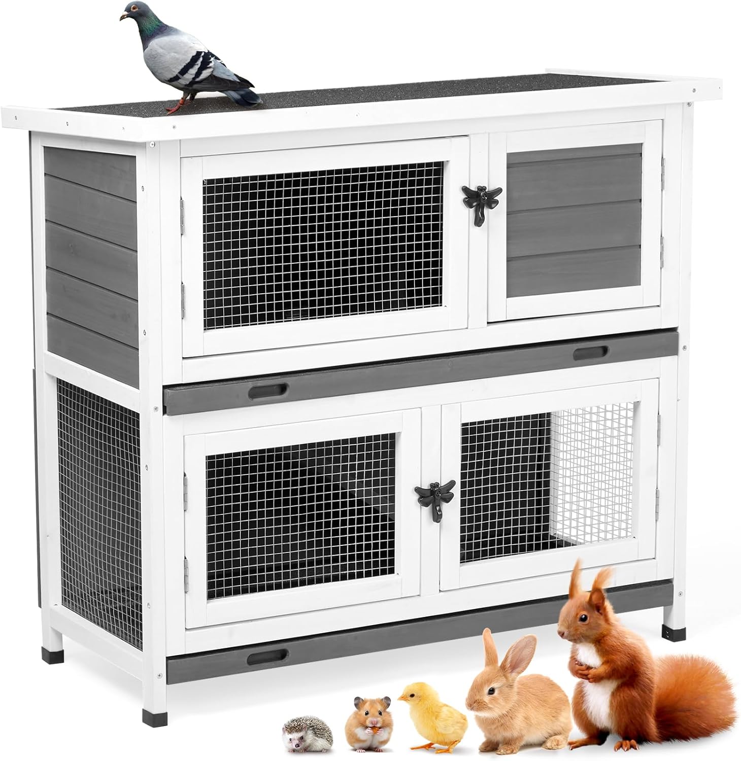 Outvita Rabbit Hutch, Small Wood Chicken Coop, 36" Guinea Pig Cage w/2 Rooms, 2 Pull-Out Tray, Waterproof Asphalt Roof, Ventilator Door, Ramp for Small Animal Pen Outdoor & Indoor