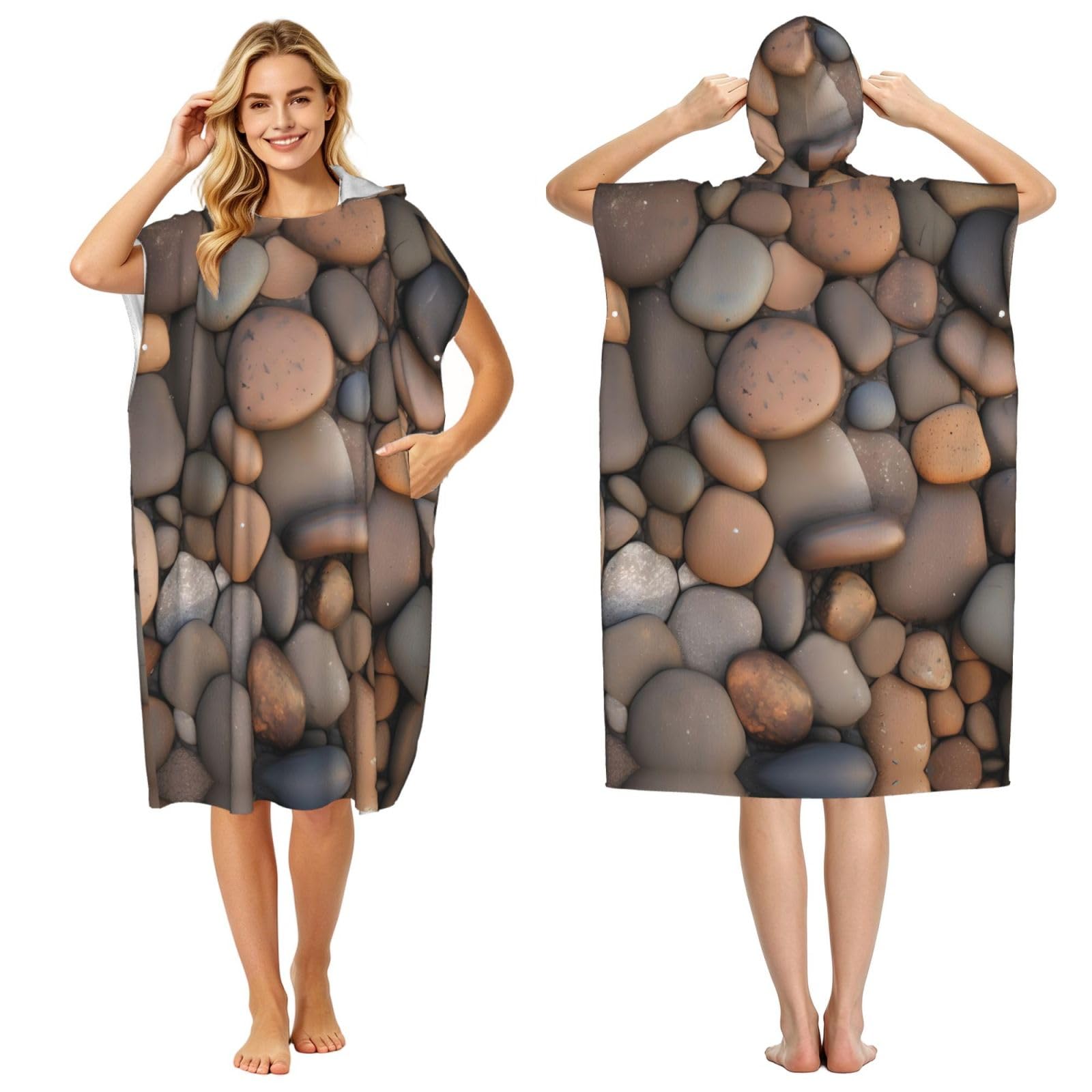 Zaixiansj 110cm Pebbles in the beach Print Adult Changing Robe Hooded Towel Poncho Surf Swim Beach Cover Up with Pockets