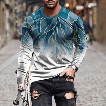 Men's T-Shirts Graphic Tees Casual Fashion Long Sleeve Crewneck Sweatshirt Funny Marble Print Gym Workout Tee Top