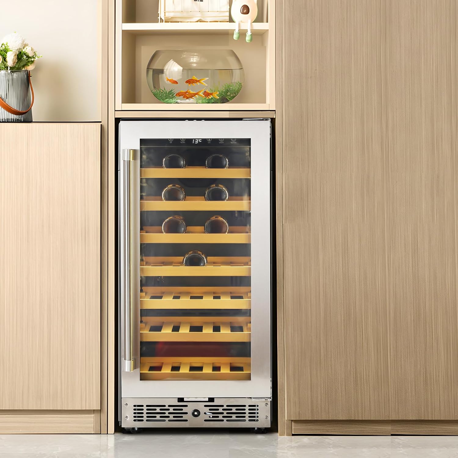 Built-in or Freestanding Wine Fridge Cooler, 15'' Mini Wine Fridge Hole 33 Bottle Wines, Portable Beverage Refrigerator with Digital Temperature Control & Glass Door for Home, Bar, Kitchen or Office