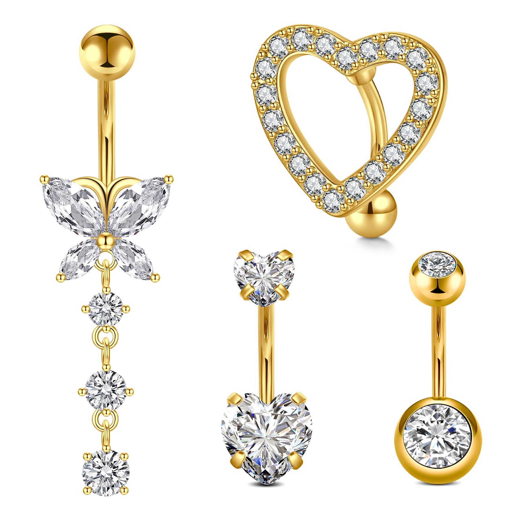 JFORYOUPiercing para ombligo, 14 g, acero inoxidable quirúrgico 316L, circonita transparente, oro y plata