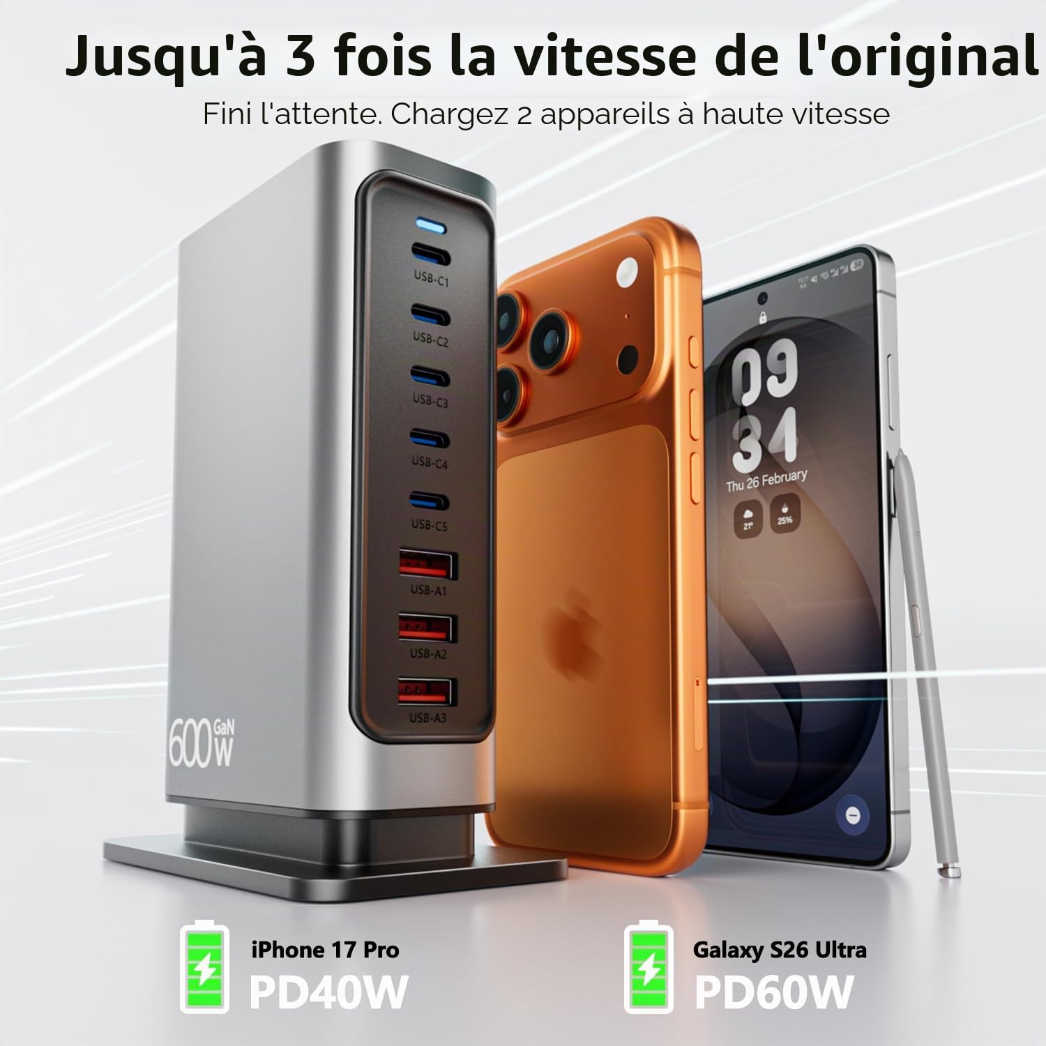 Chargeur USB C Multiple 600W, Station de Charge Bureau GaN 8 Ports avec GaN Tech 140W, Alimentation PD PPS QC Compatible avec MacBook, Laptop, iPhone, Samsung etc.