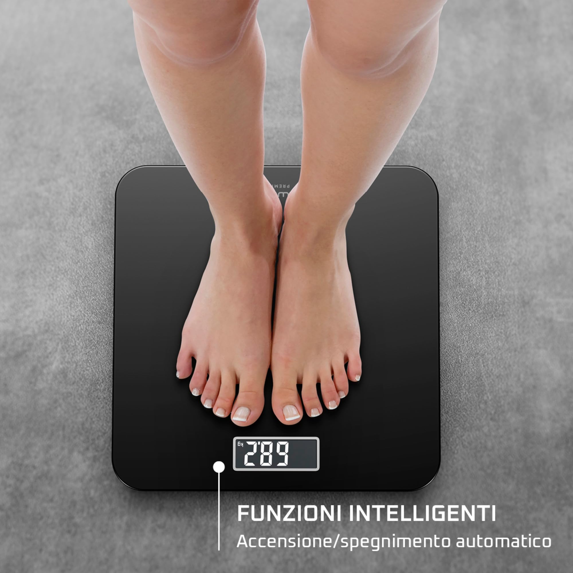 Rowenta Premiss 2.0, Bilancia da Bagno con Display LCD Facile da Leggere, Capacità 160Kg, Design Moderno e Funzioni Intelligenti, Auto Accensione e Spegnimento Automatico, Colore Nero, BS1800V0