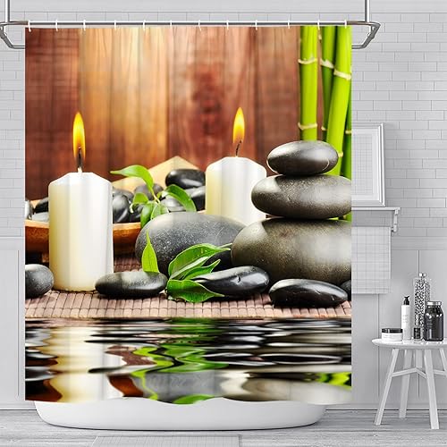 Miniatura 4 de Cortina de ducha de tela de poliéster, decoración de spa por baño, decoración de jardín zen para baño, diseño mágico japonés, velas de bambú, verde
