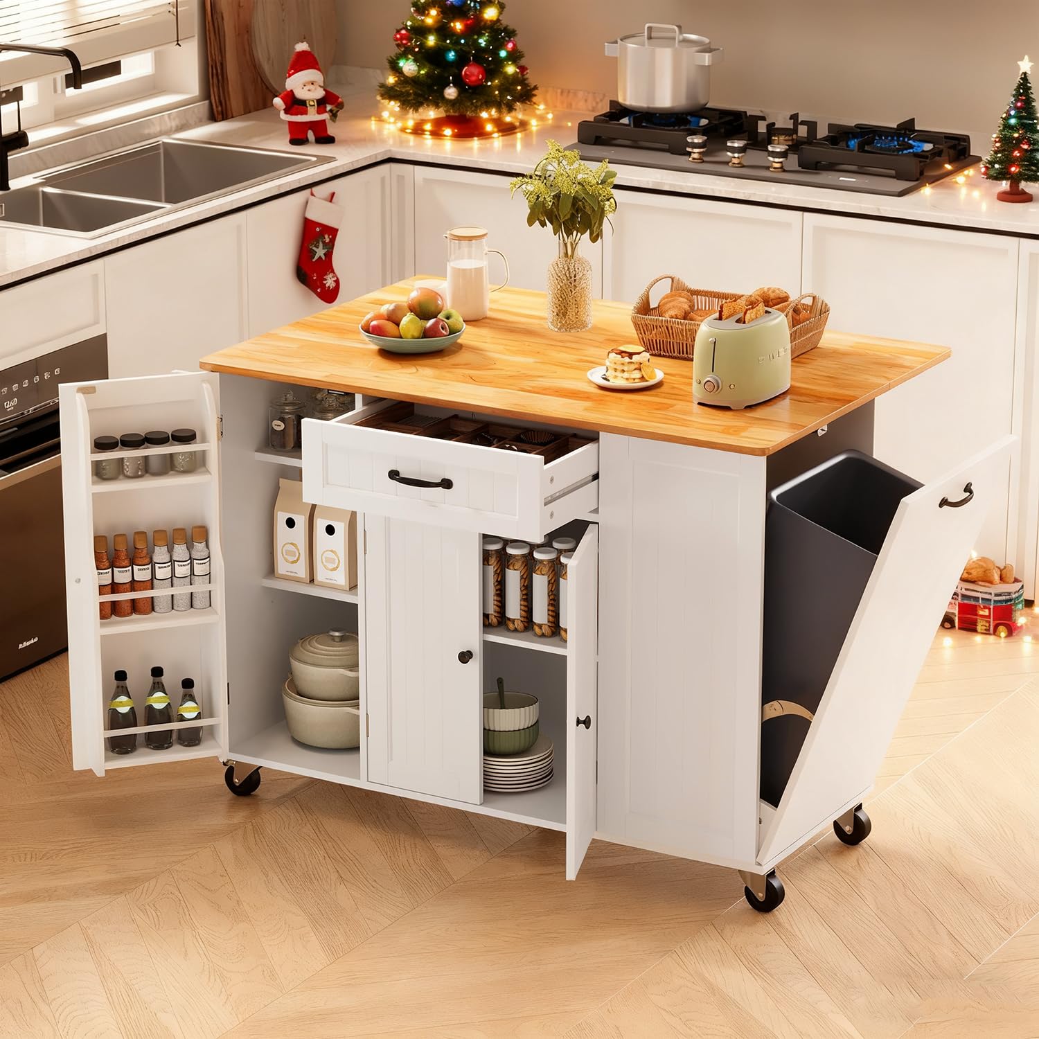 Gizoon Kitchen Island with Storage, 51.6" W Rolling Kitchen Cart with Desktop Drop Leaf Countertop, Mobile Island Cart with Trash Storage Cabinet, Adjustable Shelves, for Dining Room, White
