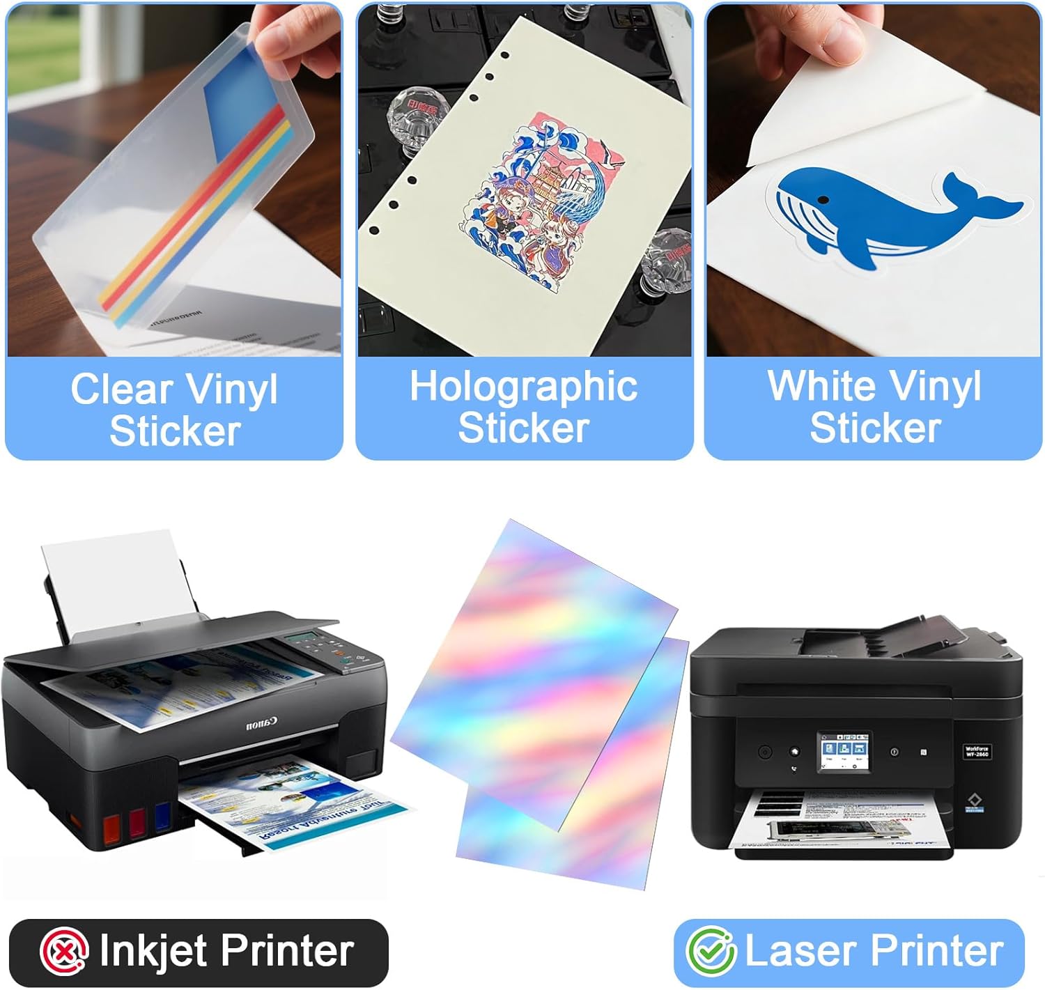 120 Sheet Holographic Sticker Paper, 8.5 x 11 Inch Printable Vinyl Sticker Paper for Laser Printer, Rainbow Holographic Overlay Printer Stickers, Waterproof Self Adhesive Laminating Sheet