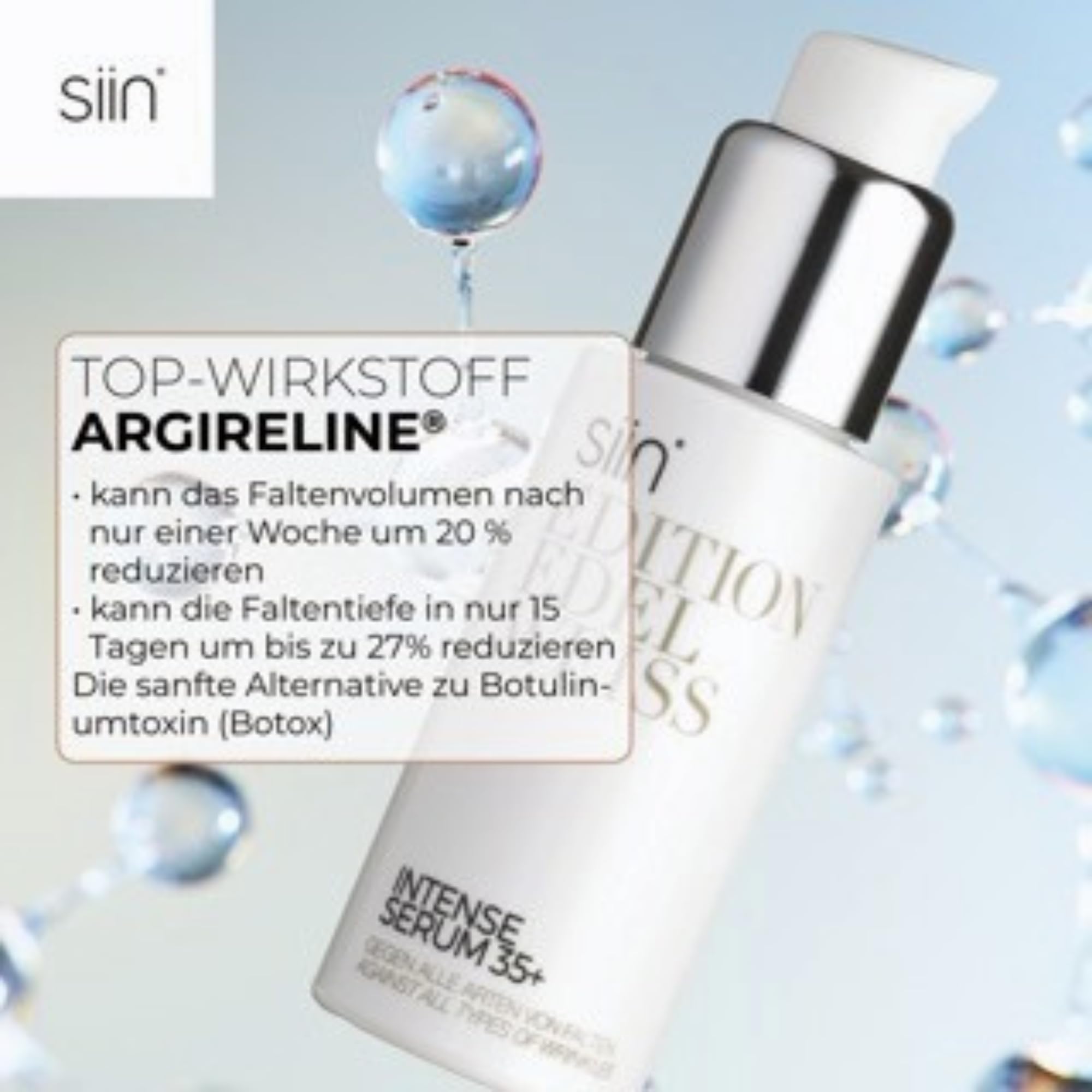siin Intense 35+ Anti Aging Gesichtsserum gegen Mimikfalten & Alterungfalten - glättet, strafft, Hyaluron Serum Anti-Aging Creme - mit Edelweiss, Jojobaöl, Sheabutter - für normale & Mischhaut