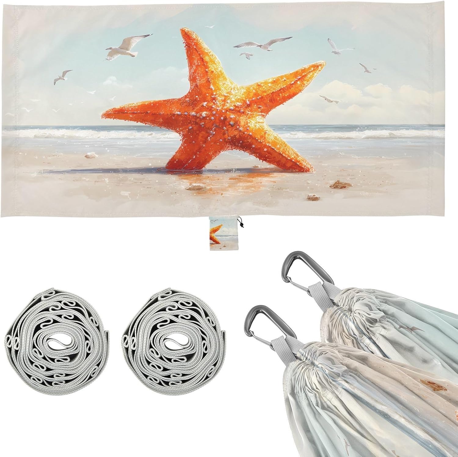 ALAZA Starfish Seagull Beach Camping Hammocks Single or 2 Person 500 lbs Portable Parachute Travel Hammock w/Tree Straps for Hiking Backpacking Indoor Outdoor