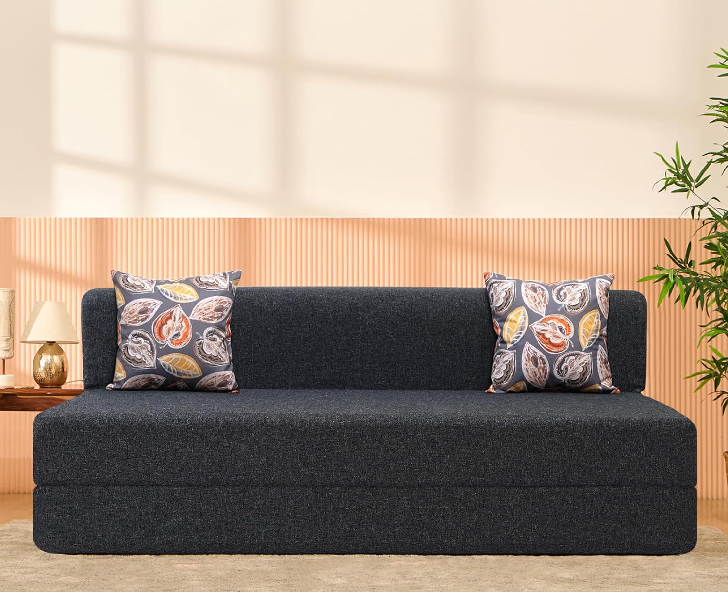 uberlyfe Xtra Long 4-Seater Sofa Cum Bed | 1-Year Warranty | King Mattress, Sofacum Bed for Tall People | 15″ Sofa Height |2 Fall Leaves Pattern Cushions | Jute Fabric, Dark Grey | 6′ X 6.5′ Feet uberlyfe Xtra Long 4-Seater Sofa Cum Bed | 1-Year Warranty | King Mattress, Sofacum Bed for Tall People | 15″ Sofa Height |2 Fall Leaves Pattern Cushions | Jute Fabric, Dark Grey | 6′ X 6.5′ Feet
