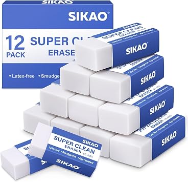 White Erasers, 12 Pack Block Pencil Erasers   Smudge-Free Latex-Free, Erasers for Kids School Supplies, Clean Erase for Homework, Office & Drawing Art Use