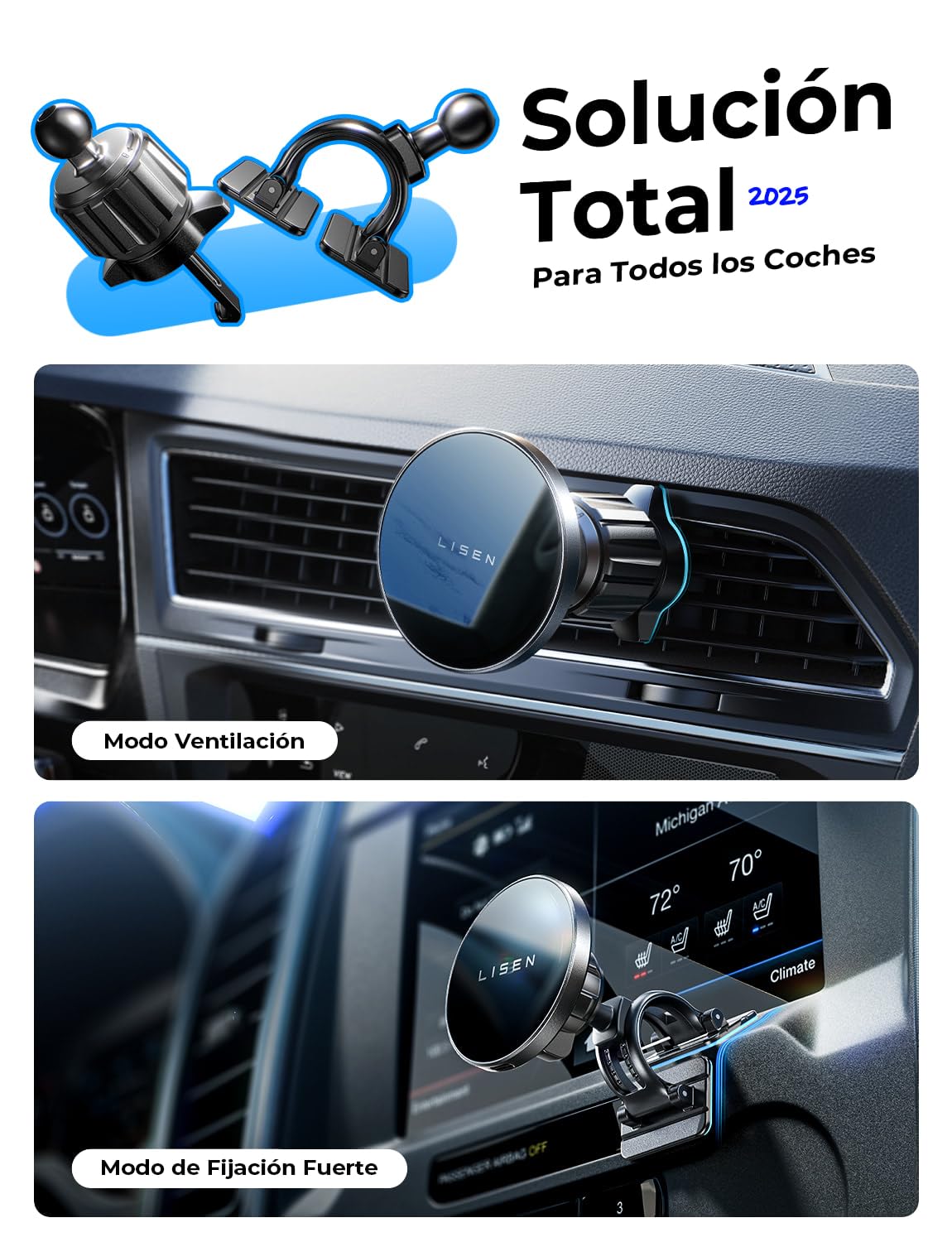 LISEN 15W Cargador Magsafe Coche Inalámbrico, [20X Imans Fuerte] Soporte Móvil Coche Magsafe para Ventilación & Salpicadero, Magsafe Accesorios Coche para iPhone 16e 16 Pro MAX 15 14 13 12