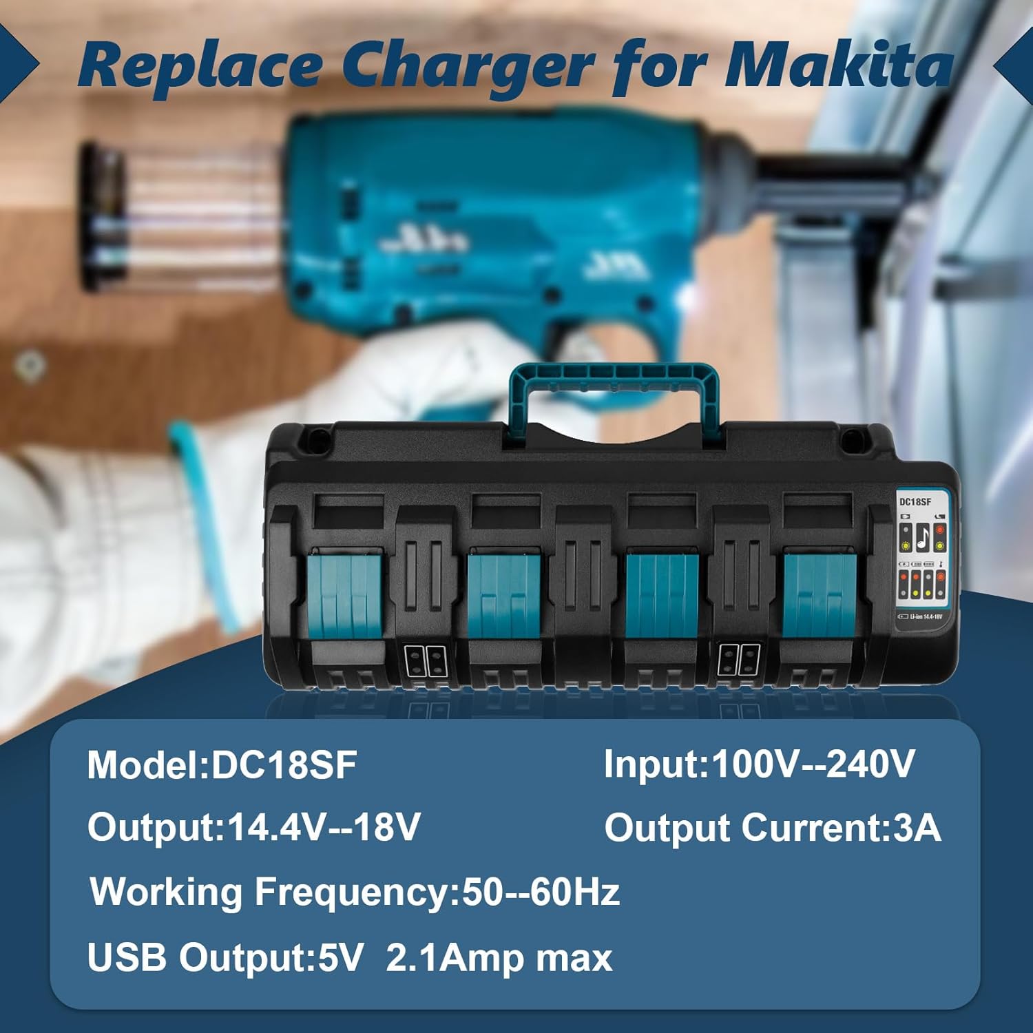 DC18SF 14.4V/18V Rapid 4-Port Charger with USB Ports for Makita 14.4V-18V Battery BL1850B BL1860B BL1430B BL1840B BL1820B & Charger DC18RC DC18RD, Fast Charging for Makita 18V Power Tools - Image 2