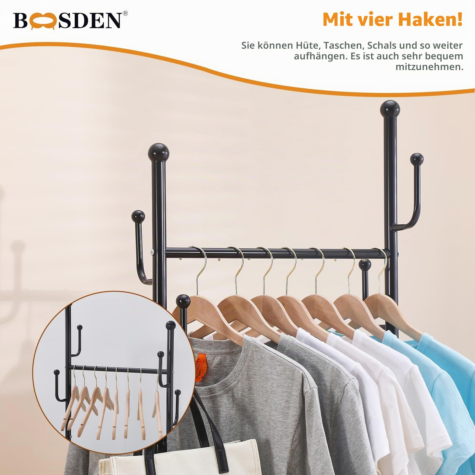BOOSDEN Kleiderständer Metall, Kleiderständer Schwarz, 61 x 33.3 x 172cm | Kleiderstange auf Rollen, Fahrbarer Kleiderständer mit Ablage und 4 Haken, ür Mäntel, Hemden, Kleider, Schuhe und Taschen