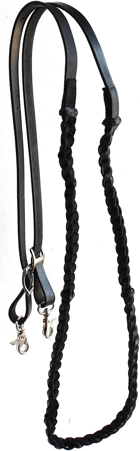 CHALLENGER Horse Western Braided Black Leather Knotted Grip Reins 805LR03BK
