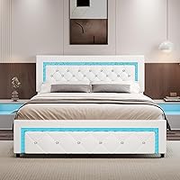 Vista 1 de Marco de cama matrimonial con luces LED, plataforma tapizada con cabecera capitonado tipo diamante, no necesita somier, sin ruido, fácil montaje