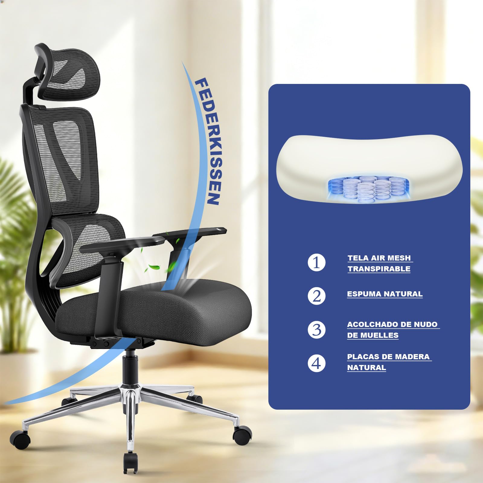 MELOKEA Silla de Oficina Ergonómica 150kg con Asiento de Muelles