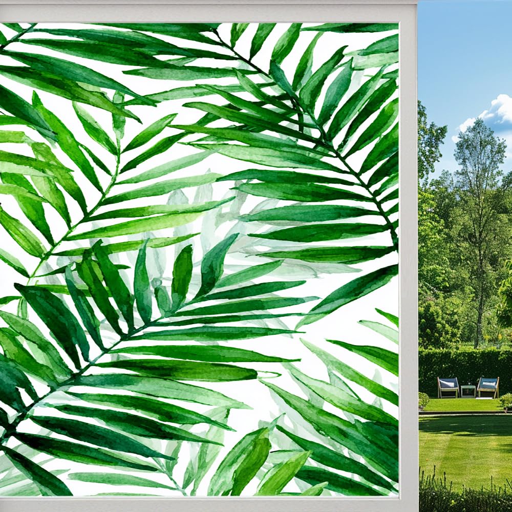 Green Plants Frosted Window Film, Watercolor Palm Leaf Texture Stained Glass Privacy Film, Heat Insulation Self-Adhesive Vinyl for Bathroom Office, （50x80cm）
