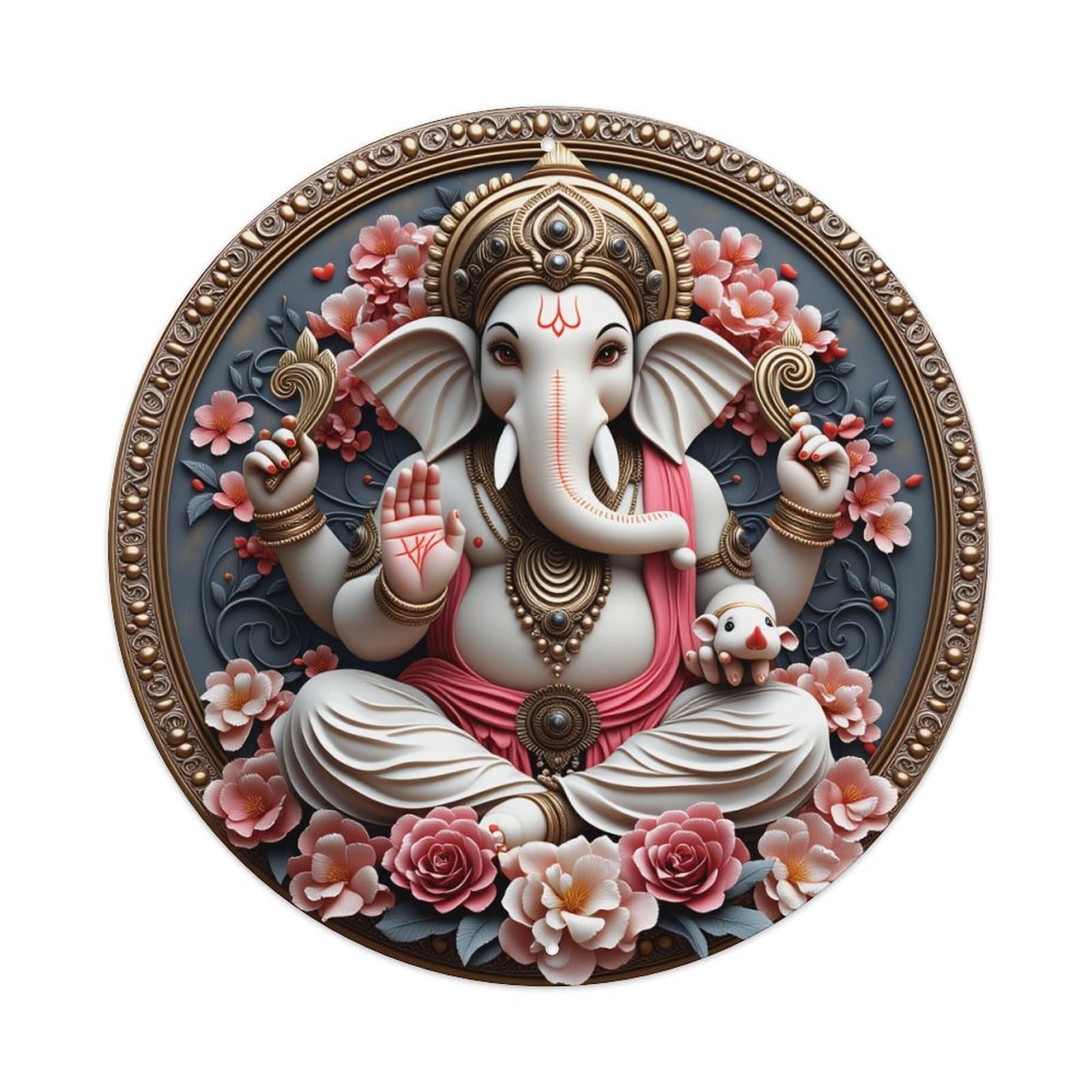 Ganesh Deity With Flowers And Ornate Art Round Vintage Tin Sign,Retro Wall Art,Metal Poster for Home, Bar, Garage, Cafe, Rustic Indoor & Outdoor Decor, 8x8 Inches