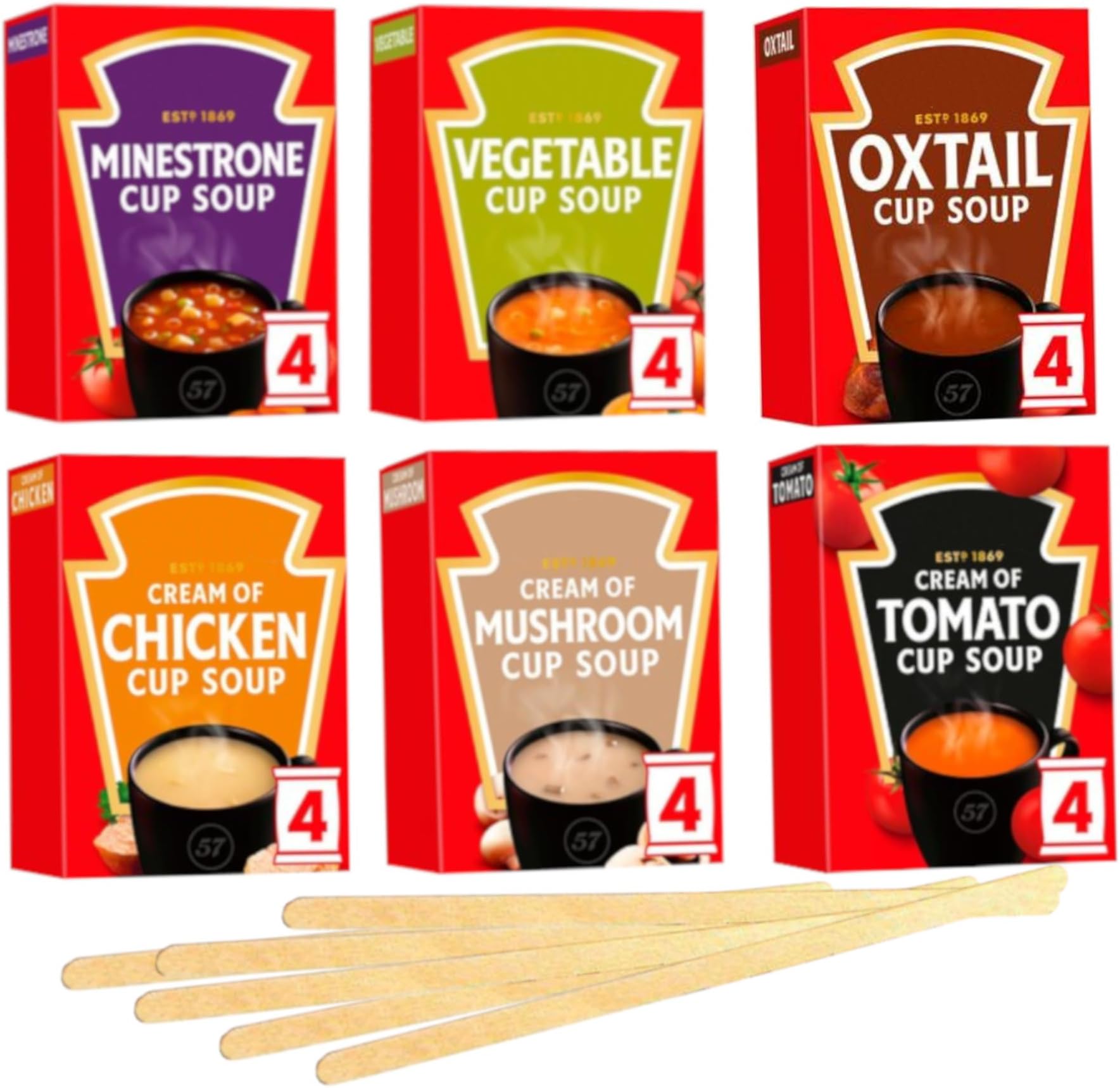 Cup Soup Variety Pack - 6 Flavours, 24 Sachets - with Chicken, Minestrone, Tomato, Mushroom, Oxtail, and Vegetable - Includes 24 x Individually Wrapped Wooden Stirrers