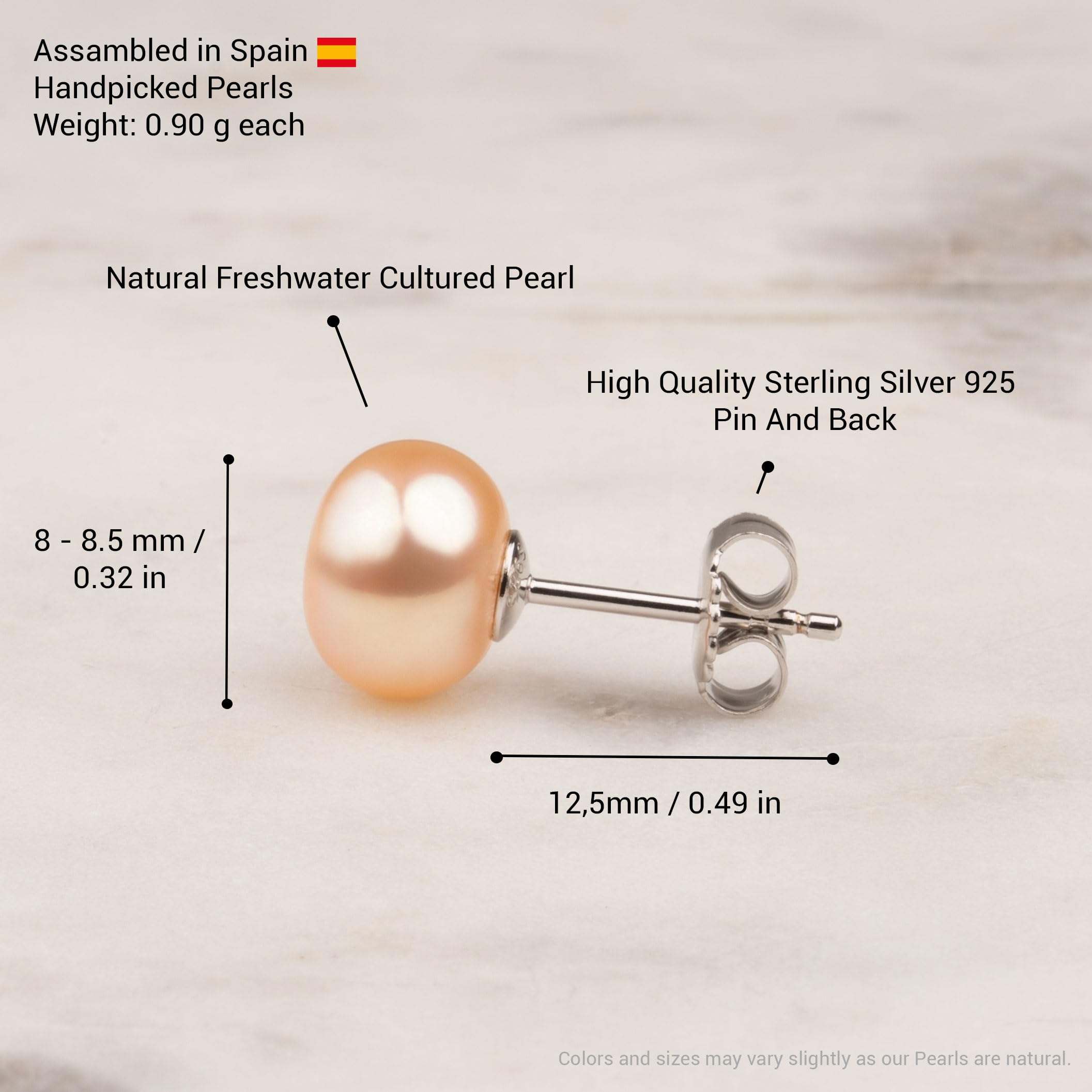 Pendientes de Perlas Naranja Cultivadas de Agua Dulce Botón Color Melocotón Naranja SECRET & YOU - Plata de Ley de 925 milésimas - En 4 tallas desde 8 mm hasta 11 mm