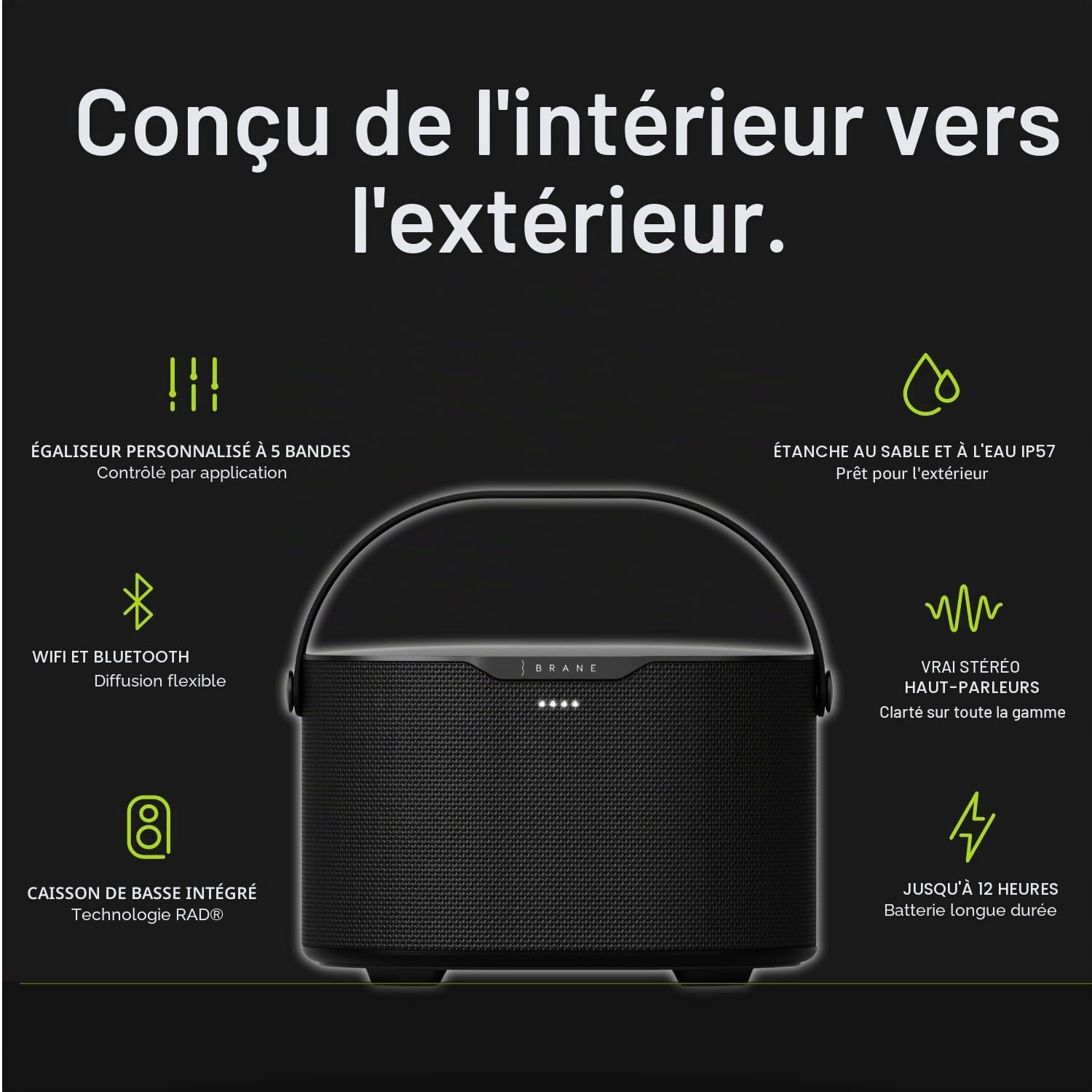Brane Audio Brane X Haut-parleur intelligent portable sans fil Bluetooth, caisson de basses RAD interne, 12 heures de lecture, étanche IP57