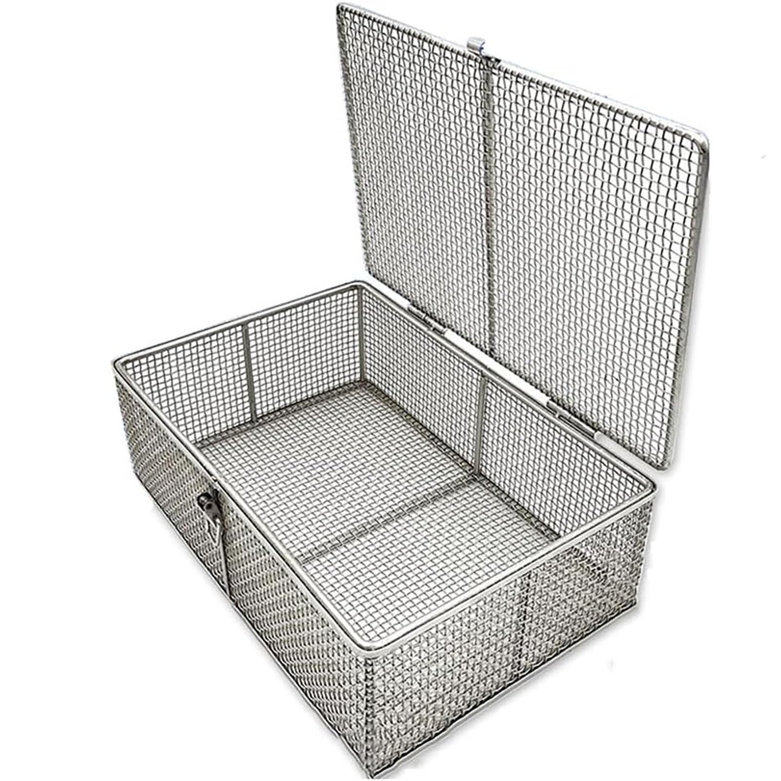 Cesta de esterilización con asa retráctil y tapa, malla perforada para instrumentos médicos, ideal para hospitales y laboratorios