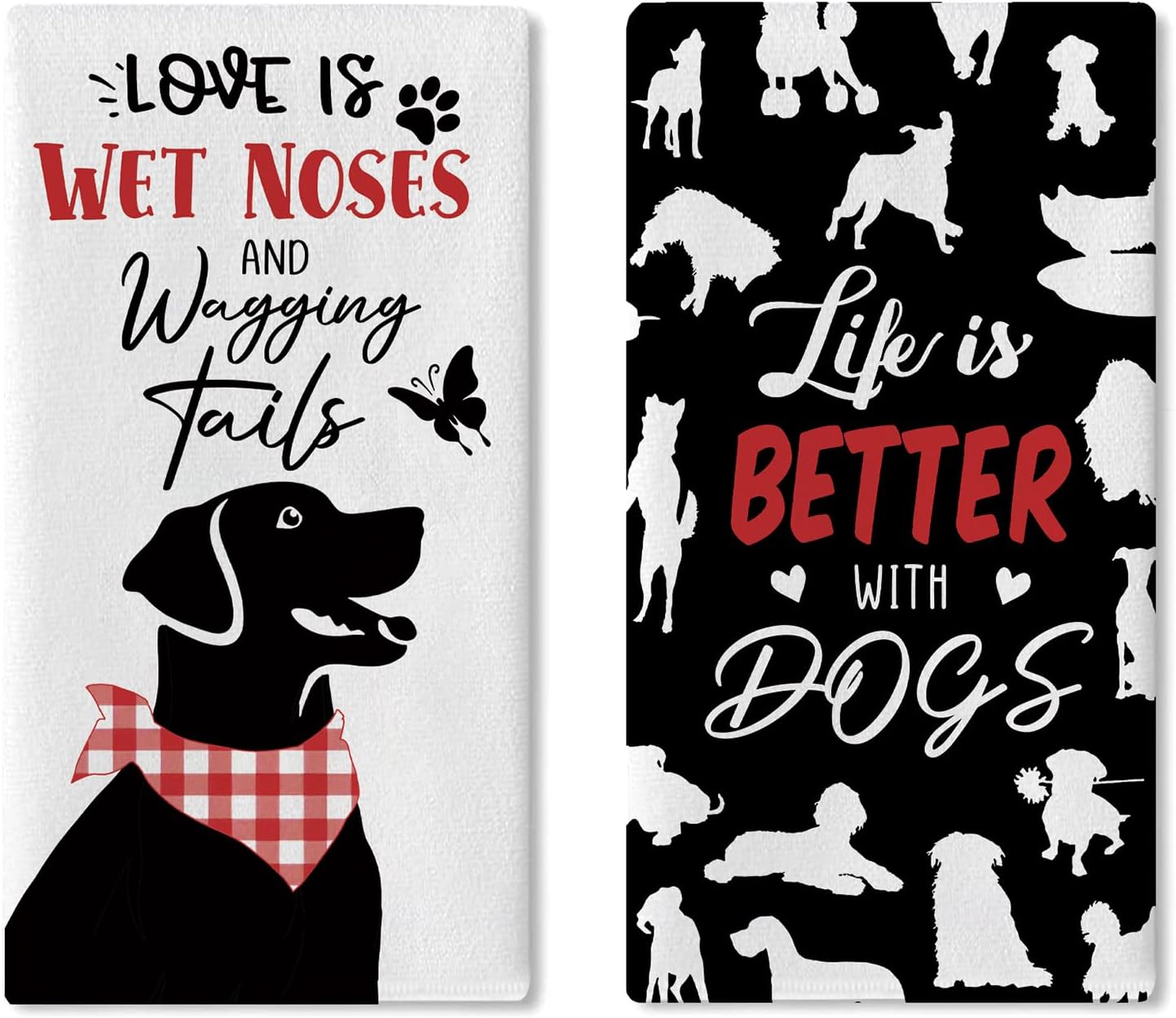 Love is Better with Dogs Kitchen Dish Towels Set of 2, Funny Silhouette Paw Prints Drying Hand Towel Baking Cooking Cloth, Butterfly Bathroom Home Decoration Pet Owner Lover Gifts 18 x 26 Inches