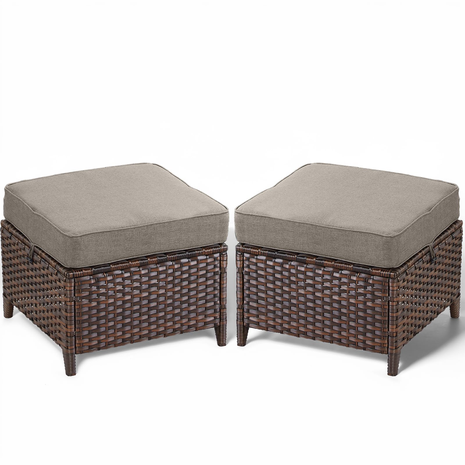 - Patio Ottoman Outdoor Wicker Side Table - 2PCS Multipurpose Heavy Duty All-Weather Brown Rattan Extra Seating Bench Footrest Footstool for Garden Back Porch Poolside Apartment - Grey
