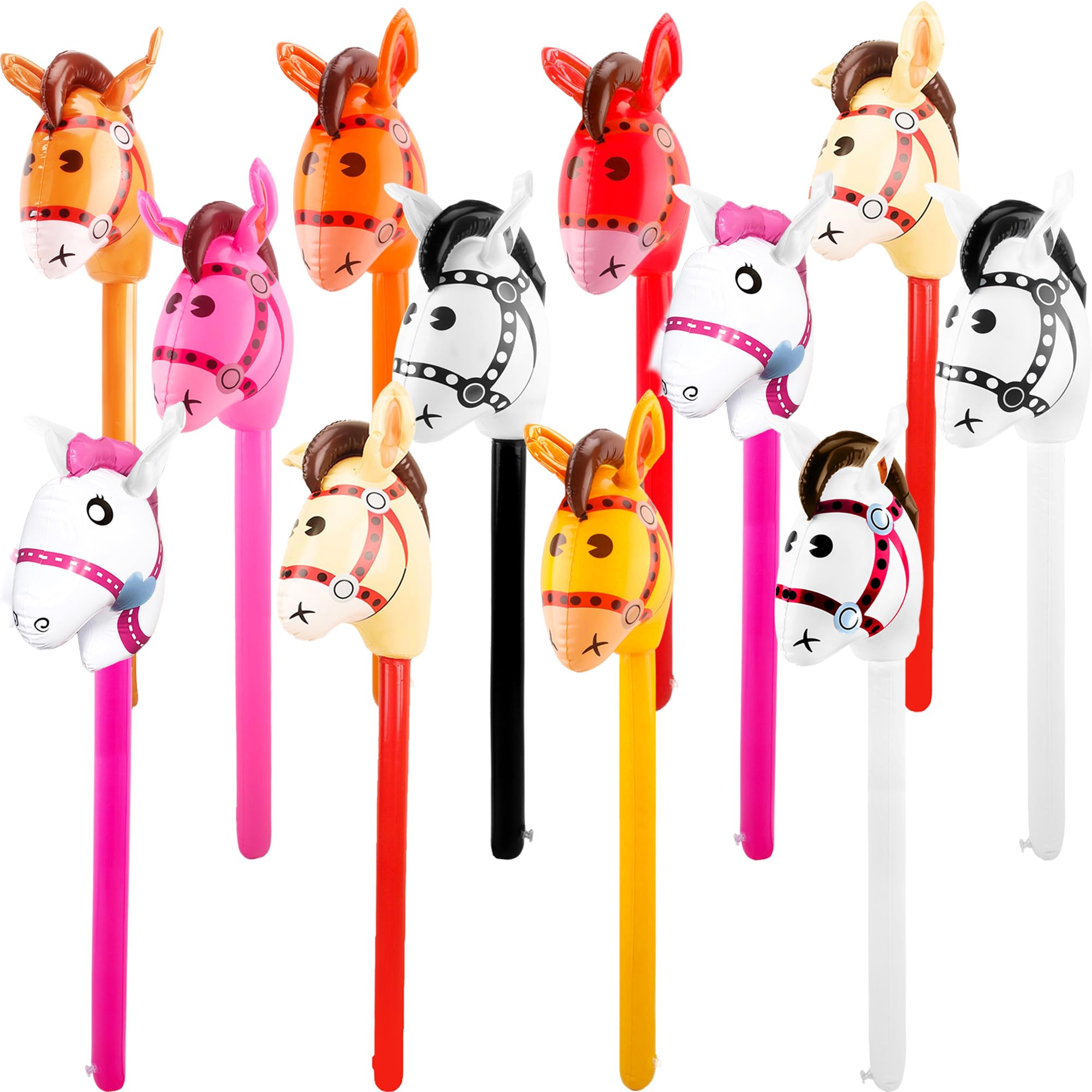 Haconba 12 Pcs 40 Inch Inflatable Horsehead Stick Multicolor Blow Up Pony Stick Balloon for Kids Birthday Horse Themed Party Supplies (Color Set 2)