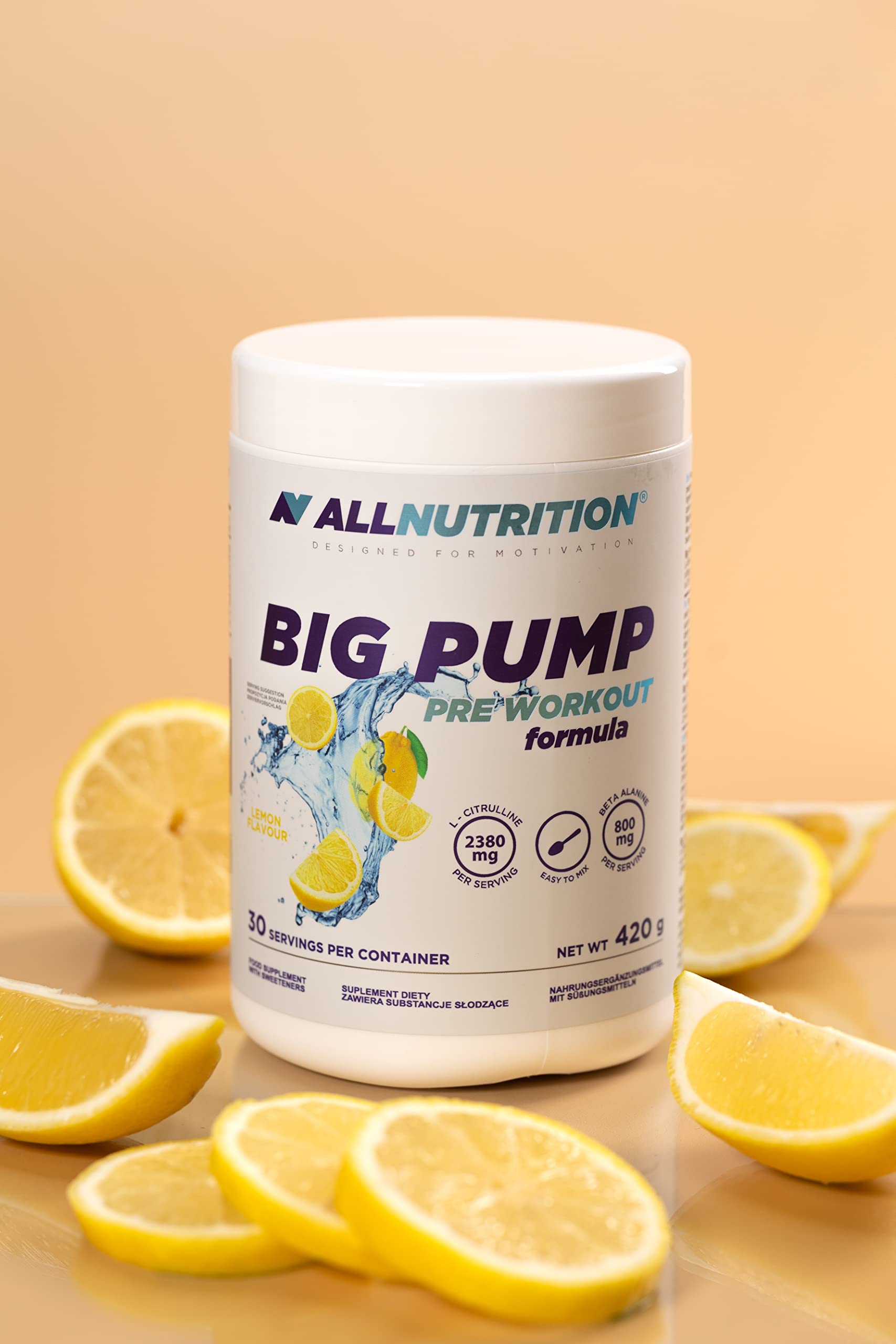 ALLNUTRITION Big Pump Odżywka dla Sportowców w Proszku - Przedtreningówka - Suplement z L-Cytruliną, L-Argininą, Tauryną, Beta Alaniną - Bez Stymulantów - 420g - Cytryna