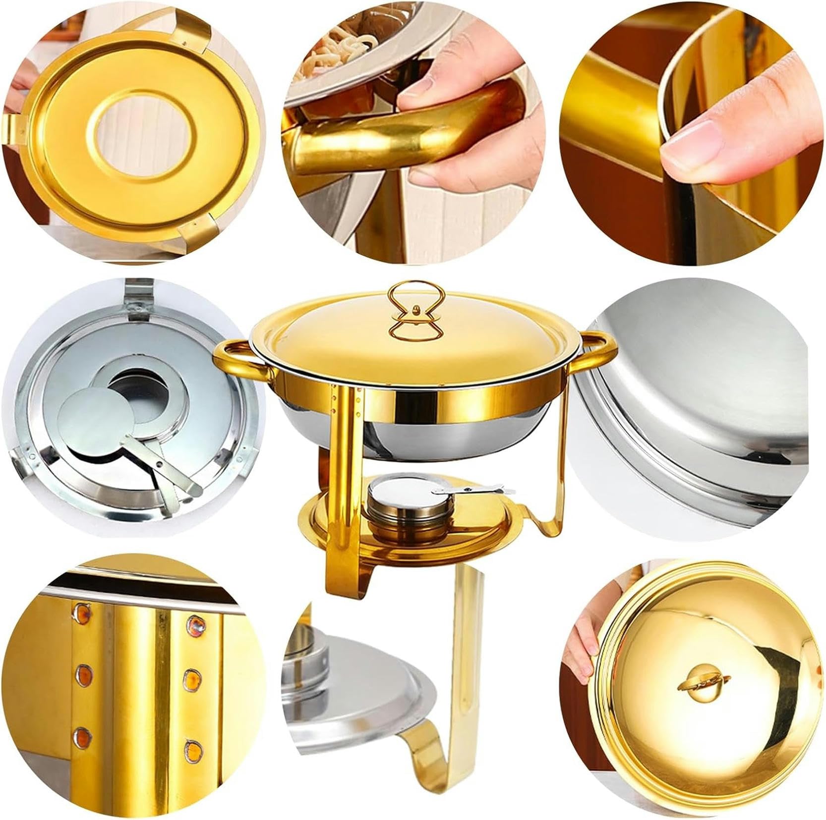 Chafing Dish Buffet Set The Heater with Round 4.5 Litre Water Container and a Covered Food Container is Durable and Easy to Clean for Food/Parties/Weddings/Banquets, Gold + Metal