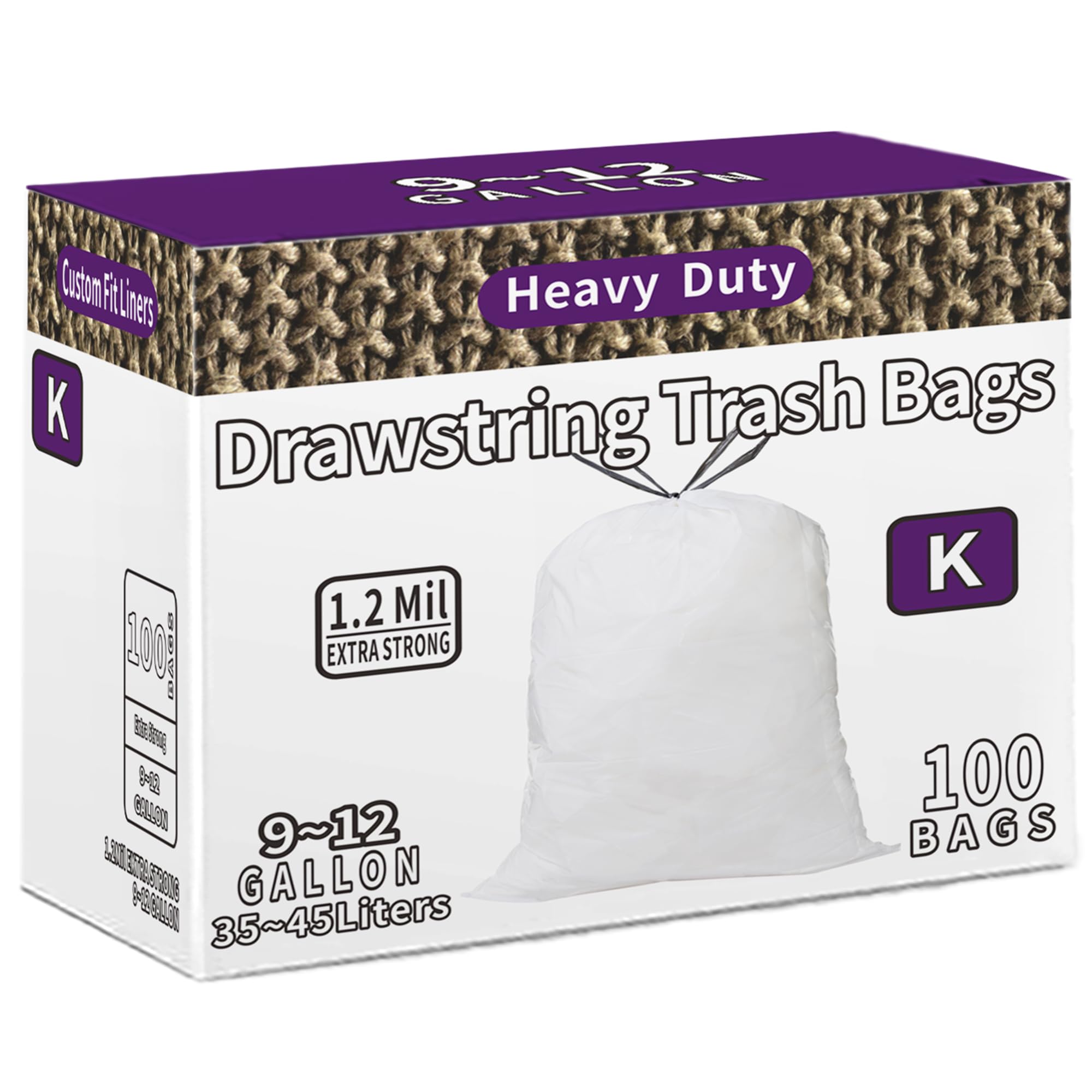 AngeLvet Code K Custom Fit Trash Bags Compatible with Simplehuman Code K | 100 Count | 9-12 Gallon / 35-45 Liter | 1.2 Mil | Heavy Duty White Drawstring Garbage Liners, K100-N1P