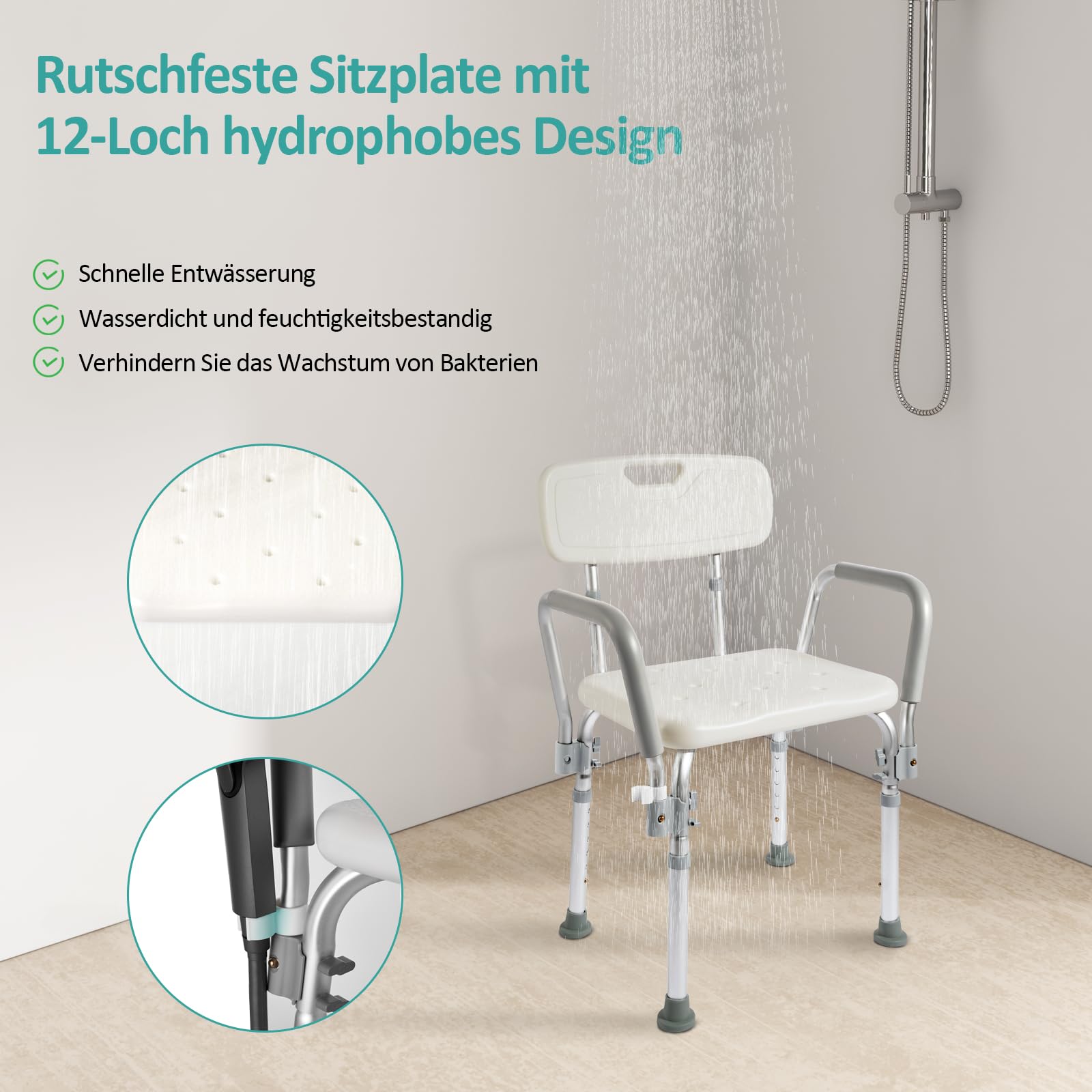 EMKE Duschhocker für Senioren Duschstuhl mit Armlehne und Rückenlehne, rutschfest Höhenverstellbar Duschsitz Badhocker für die Dusche Badewannenhocker Belastbar 135KG