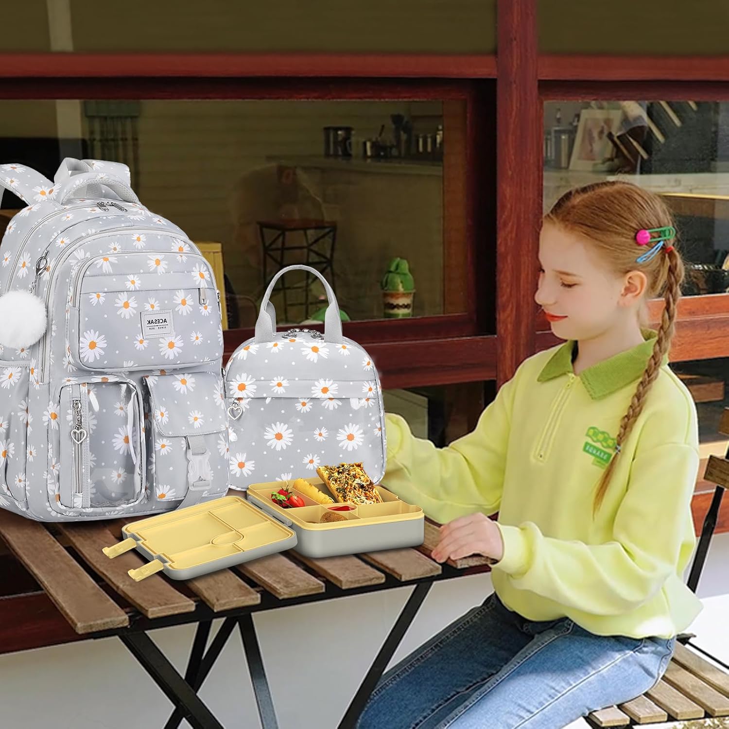 Girls Backpack - Bento Box with Insulated Lunch Bag Pencil Case & Utensils Set for Kids, 6 Leakproof Compartments Removable Tray Lunches or Snack Container for School (Gray Daisy) - Image 8