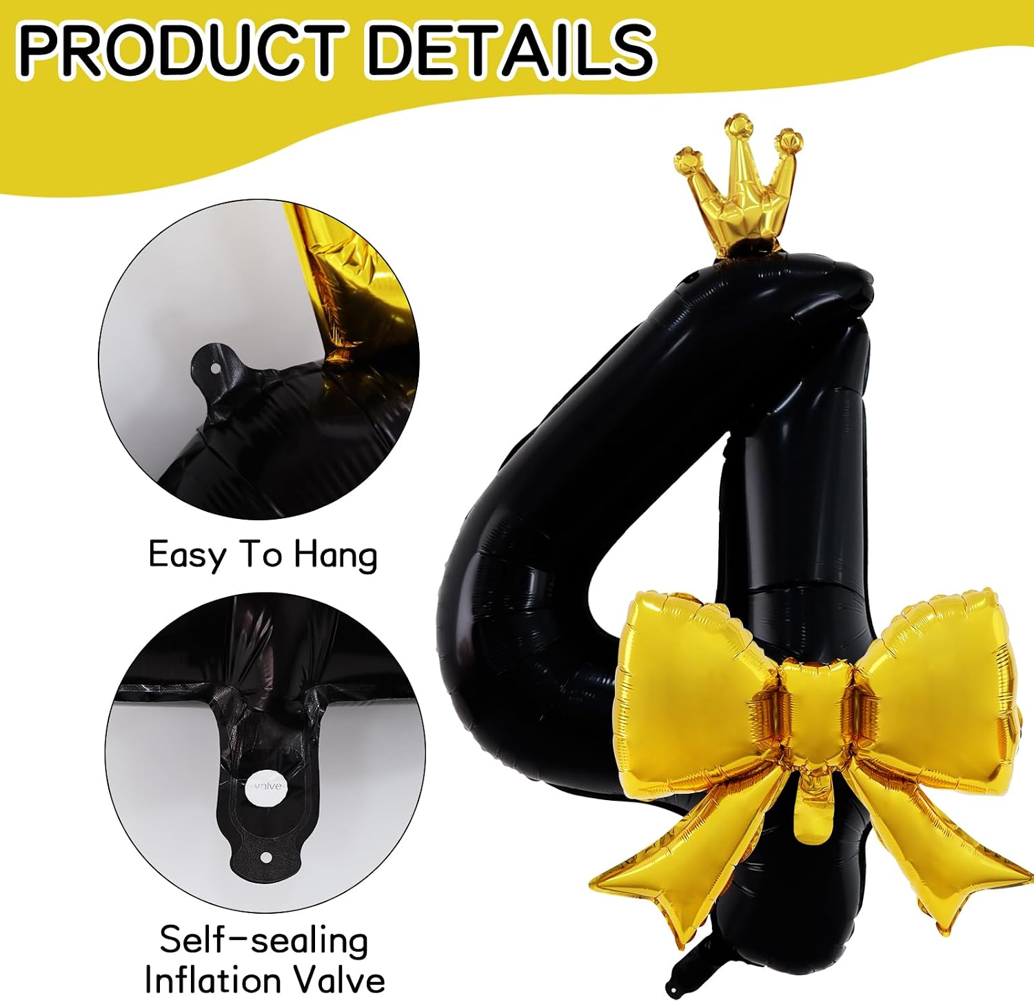 40 Inch Crown Number Balloon with Gold Bow,Black 4 Balloon for Birthday