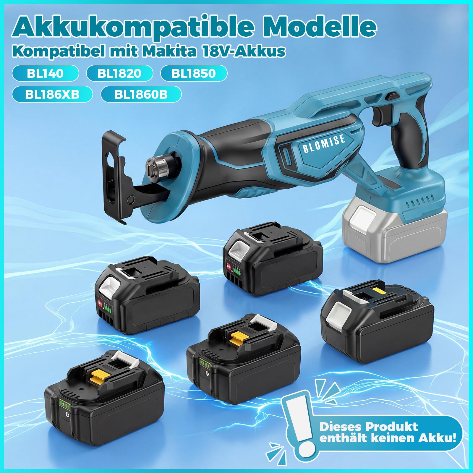 Säbelsäge Akku für Makita LXT 18V Akku, elektrischer Fuchsschwanz, bürstenloser Motor, 3500 SPM, 22 mm Hub, CVT stufenlos, Einhandbedienung, werkzeugloser Blattwechsel, rutschfester Griff